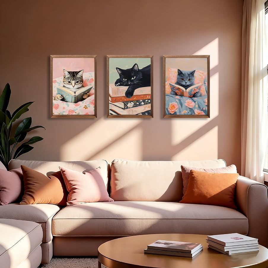 Chmylon Wall Art Set of 3,Cute Reading Cats Canvas Wall Decor, Funny Animal Book Art Prints, Pink Aesthetic Wall Artwork for Girls Room Bedroom Kids Room Living Room Bathroom Decor 12x16In Wood Framed
