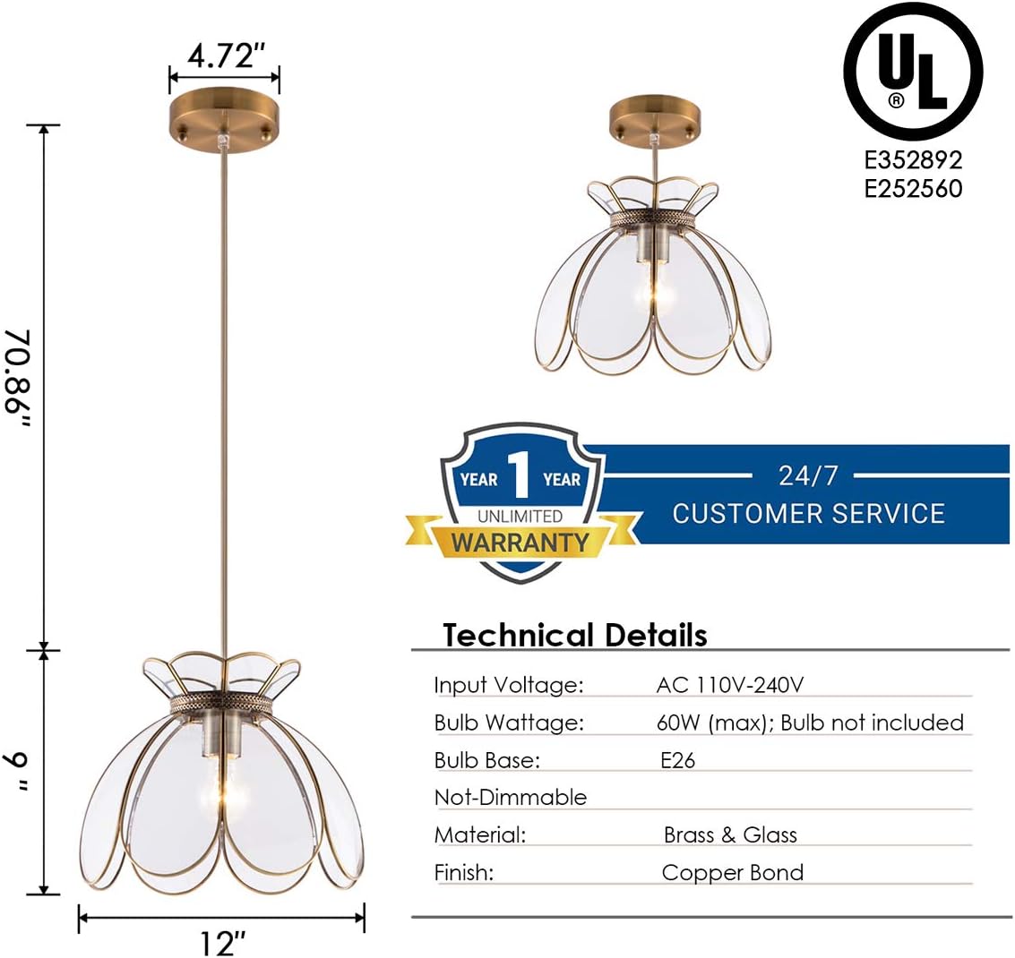Brass Glass Ceiling Pendant Light, Hanging Chain lamp, with Vintage Lotus Flower Glass Shade for Kitchen Island Dining Room Bedroom Living Room-12 Clear Large Shade