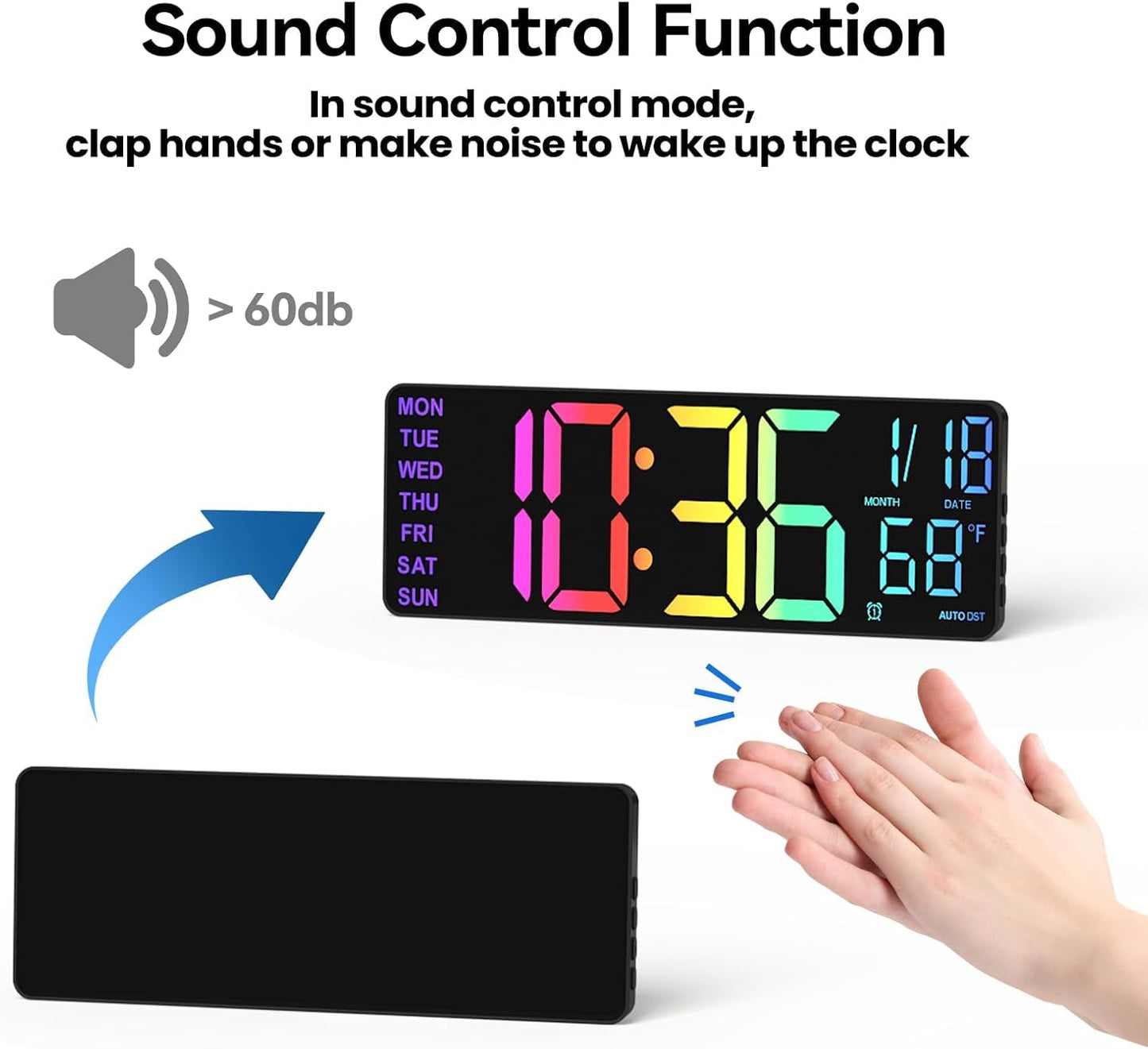 13" Digital Wall Clock with Night Light,8 RGB Color,Dual Alarms with Large Display, Dimmer, Auto DST, Voice Control, Auto Time Sync,Remote Control for Living Room Bedroom,Gift for All Ages