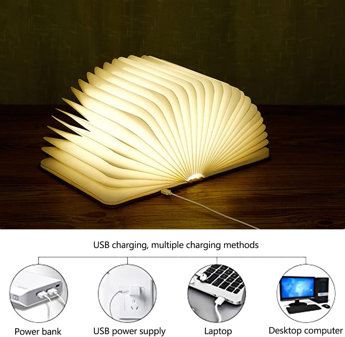 Folding Book Lamp Mood Light, 5 Colors Novelty LED Night Light Book-Shaped Desk Light, USB Rechargeable Wooden Bedside Table Lamp for Home Decor Birthday Gift