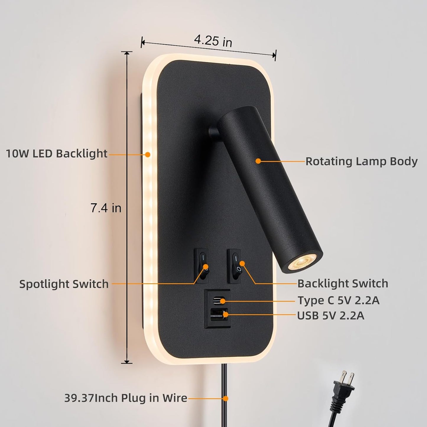 Headboard Reading Light, Bedside Lamp Plug in Hardwired 2 in 1 Wall Sconce Bedside Lamps USB C+A Ports, Adjustable Headboard Lights for Bedroom with 10W+3W Wall Mounted Reading 3000K (Black)