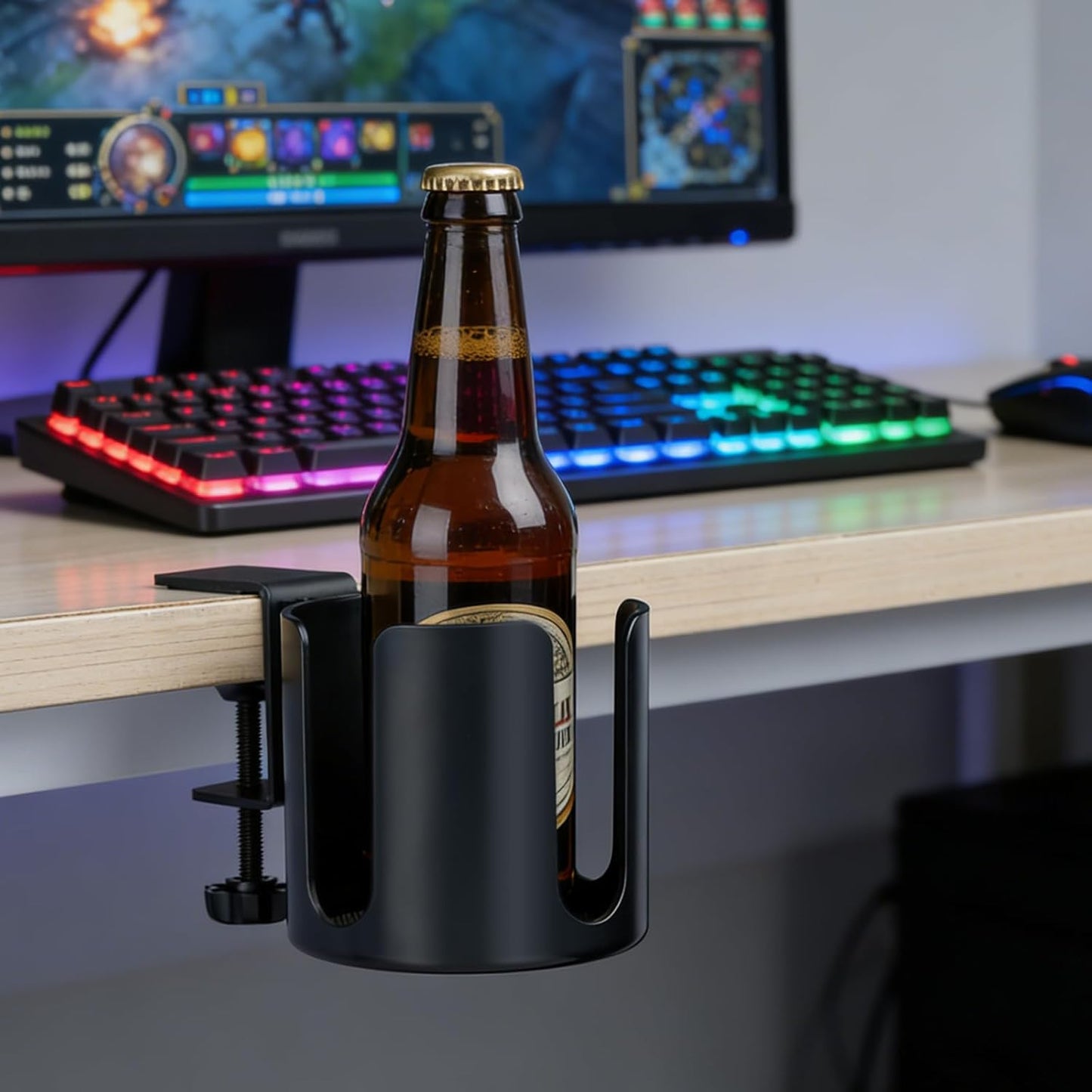 Large Desk Cup Holder Clamp, Anti-Spill Cup Holder Clip on Table or Chair Armrests, Easy to Install, Diameter 3.9 Inch, Fit Most Cups Coffee Mugs Bottles and Drinks -Black