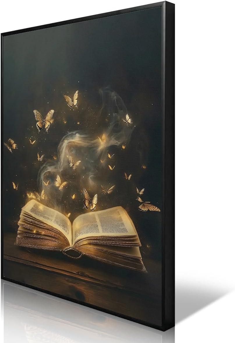 YOZWNGU Book Canvas Wall Art, Golden Butterflies and Open Book Aesthetic Poster, Dark Academia Library Reading Nook Print, Dark Romance Bookish Art Painting Gift for Read Lover 8x12in Unframed