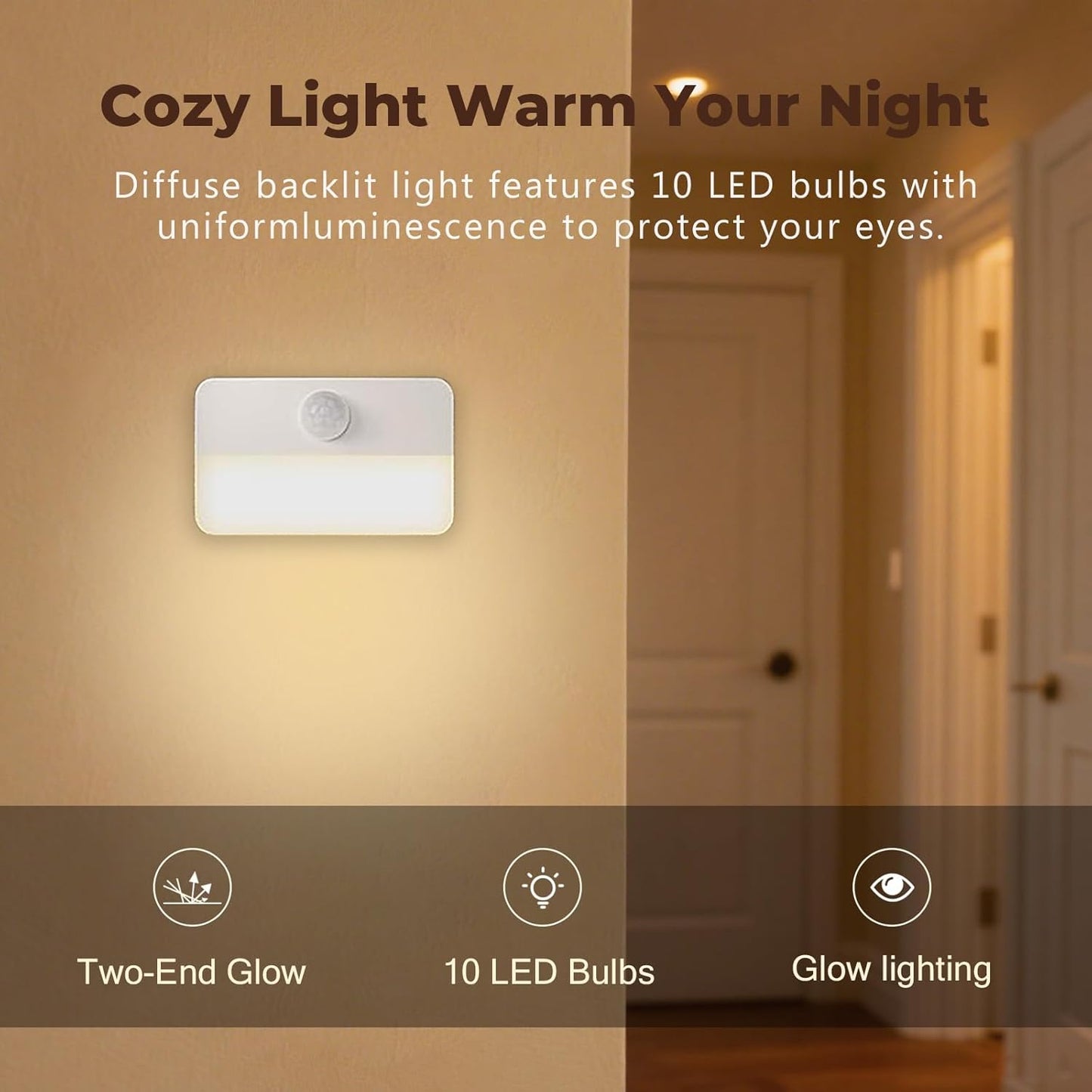 Motion Sensor Night Light Indoor, Rechargeable LED Stair Lights, Warm White Stick-On Wireless Closet Lights, Battery Operated Hallway, Cabinet, Bedroom, Kitchen Lamp