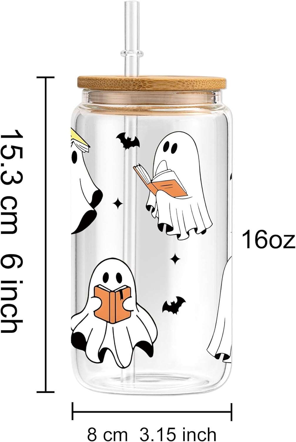16oz Ghost Reader Halloween Cup with Lid Straw, Halloween Ghost Aesthetic Glass Can, Ghost Reader Glass Cup, Gift Idea for Book Lovers Women Sister Friends Daughter