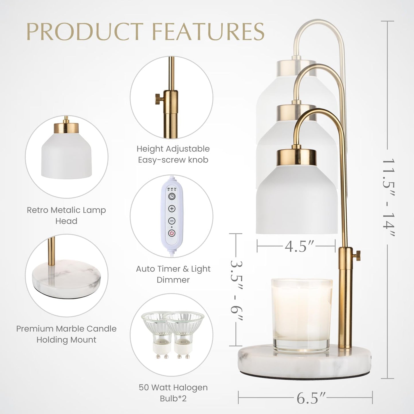 Marble Candle Warmer Lamp with Timer & Dimmer - Adjustable Height Electric Wax Melt Warmer fit for All Jar Candle Sizes, Premium Marble Base - Flameless Fragnance Lamp for Home Decor & Gifts