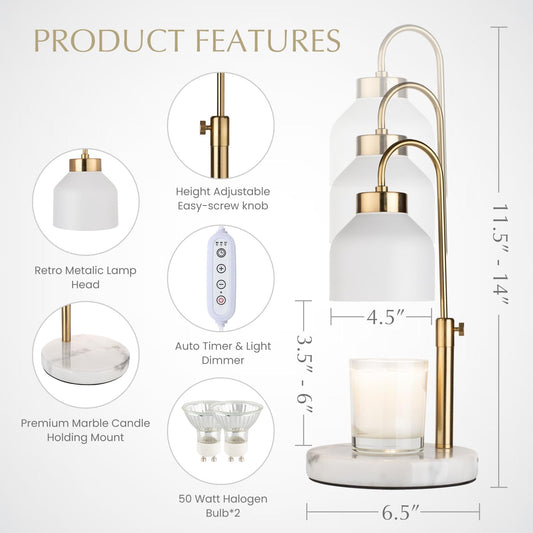 Marble Candle Warmer Lamp with Timer & Dimmer - Adjustable Height Electric Wax Melt Warmer fit for All Jar Candle Sizes, Premium Marble Base - Flameless Fragnance Lamp for Home Decor & Gifts