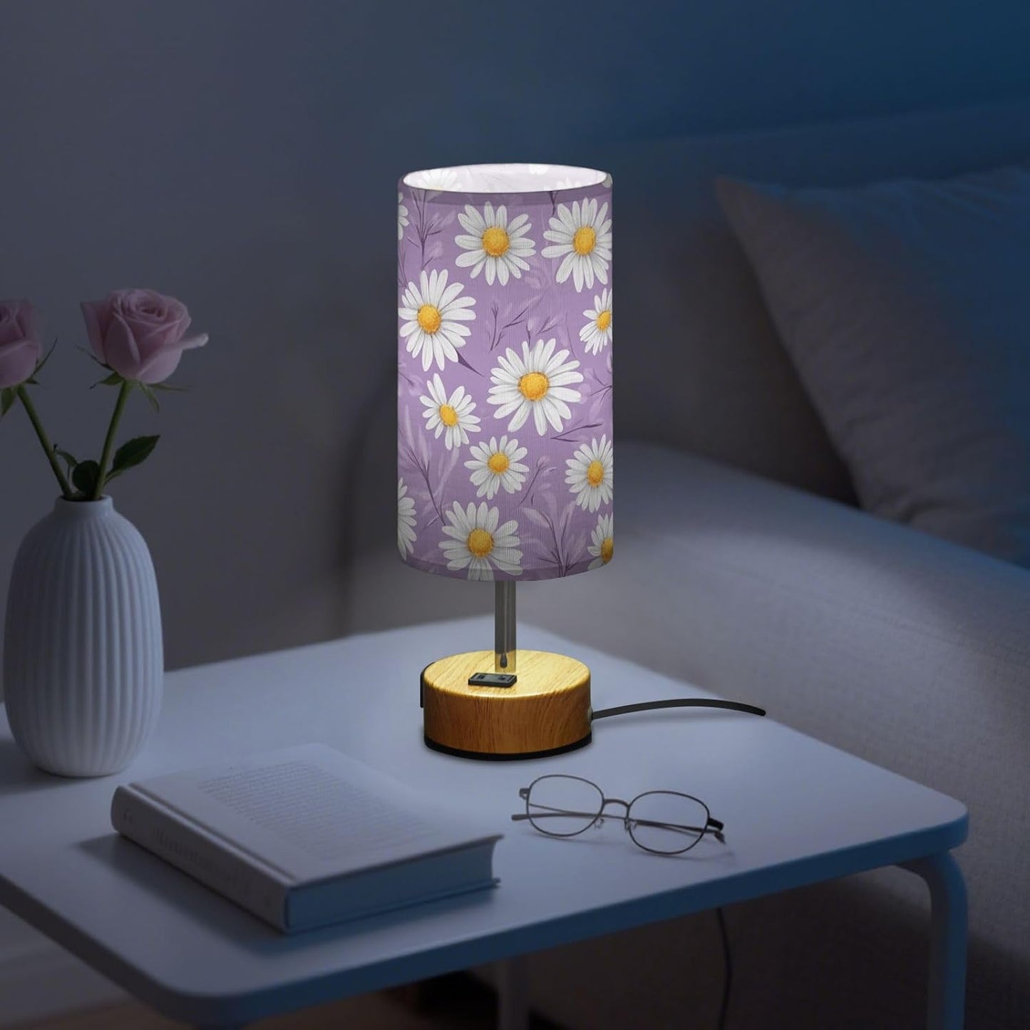 Dimmable White Daisy Flowers Lavender Leaves Table Lamp with 2 USB C Charging Ports & AC Outlet, Touch Lamps for Nightstand Bedside Small Lamp Night Stand Side Light for Bedroom/Desk, 14 in