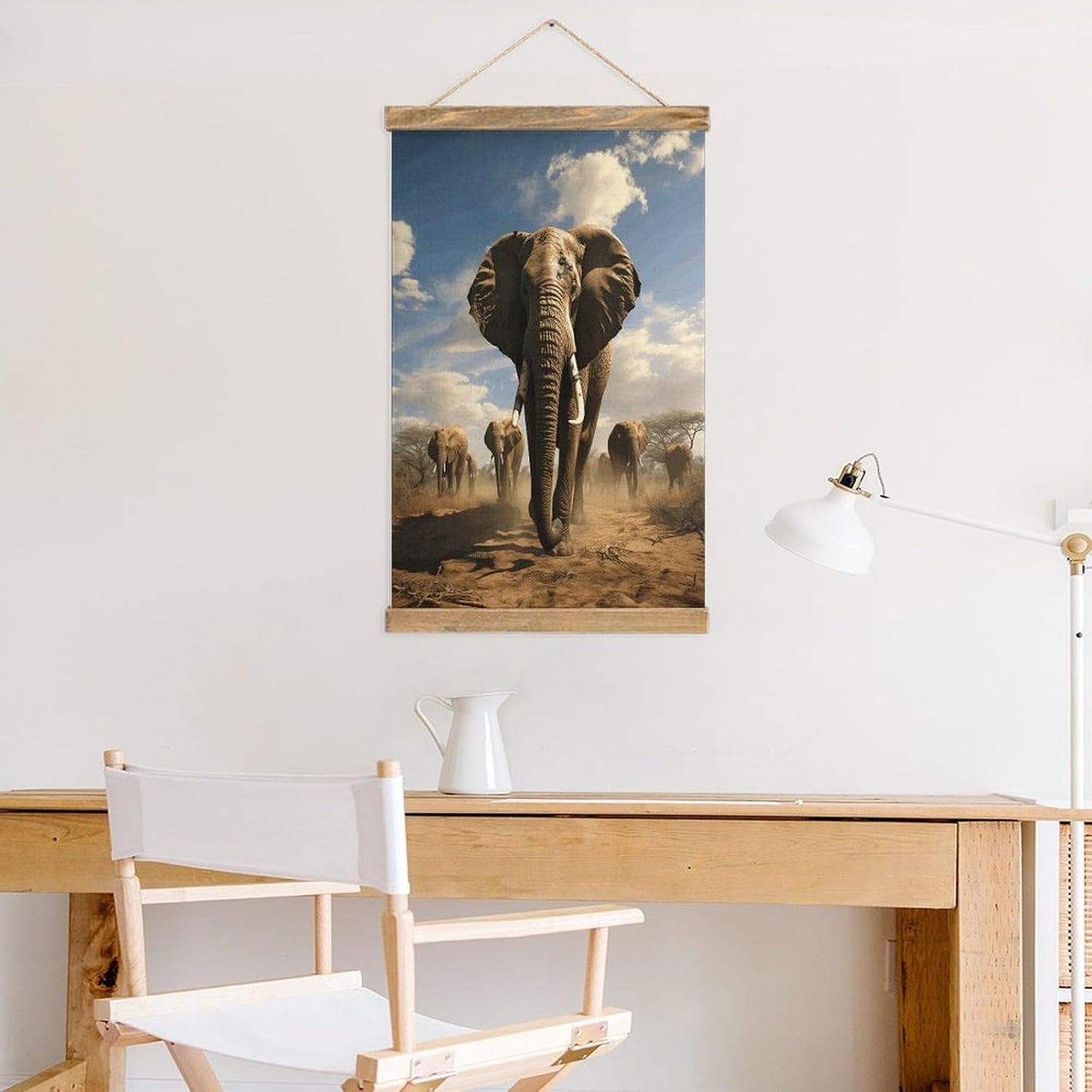 Vintage Ferocious Elephant Poster with Wooden Frame Personalized Linen Hanging Scroll Painting Rustic Wall Hanging Illustrative Modern Artwork Decor for Home Living Room Bedroom Office