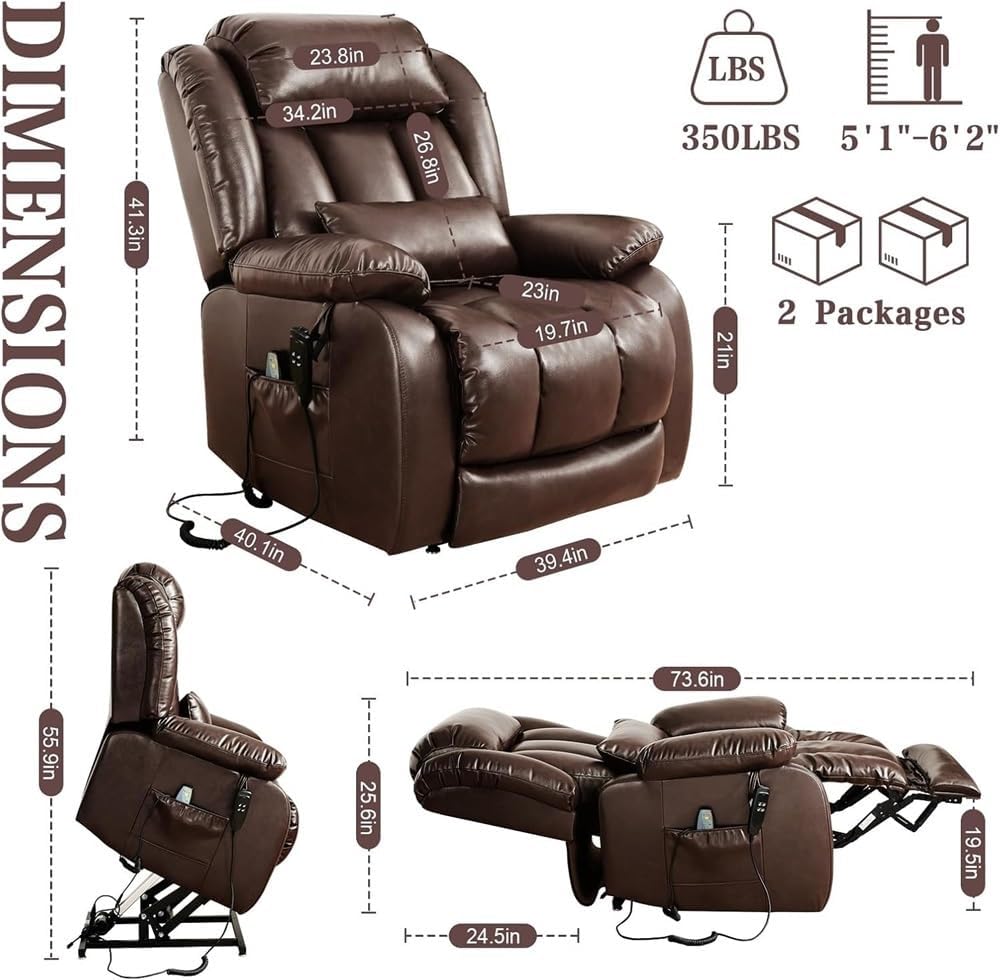 Leather Power Lift Recliner Chair for Elderly, Dual Motor Infinite Position Lay Flat Recliner with Massage & Heat, Extended Footrest, Remote Control, Lumbar Support