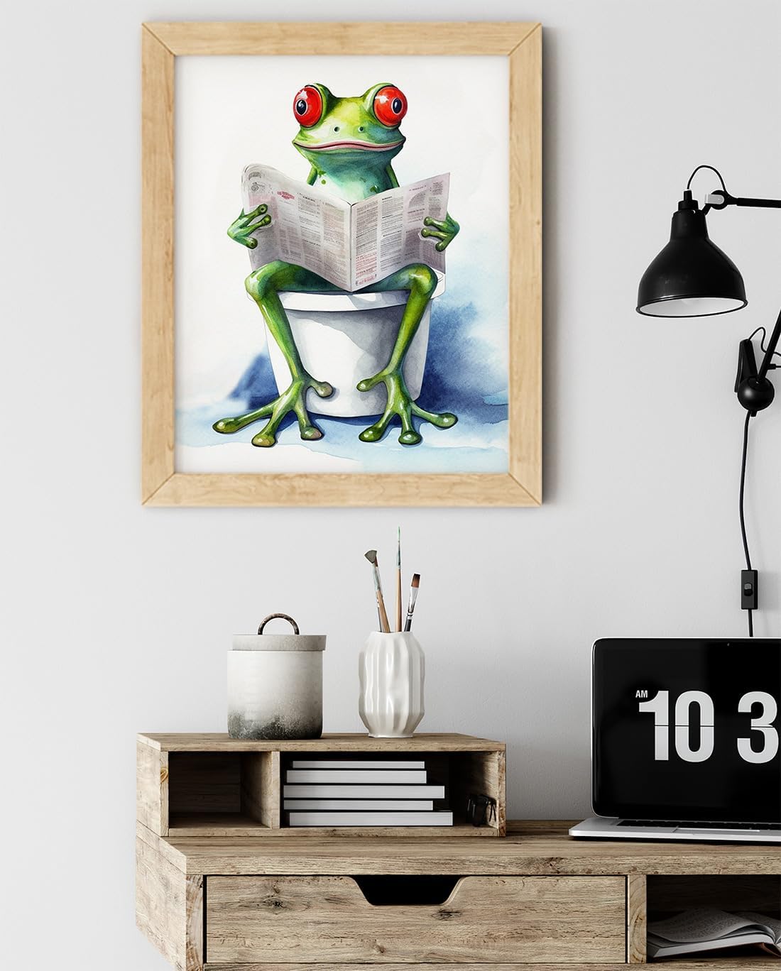 Funny Frog Sitting on the Toilet Reading a Newspaper 11x14 Unframed Wall Art Print - Cute Unique Christmas Birthday Mothers Day Cheerful Animal Print Gift Idea for Mom and Fun Humor Bathroom Decor