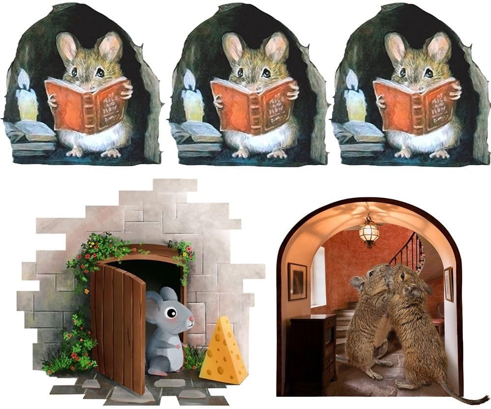 Mouse Reading Book in Wall 3D Sticker Decal, Funny Cartoon Mouse Hole Wall Stickers Mouse Find Cheese for Corner Stairs Home Decor PVC Vinyl Wallpaper for Living Room Decoration, 5pcs