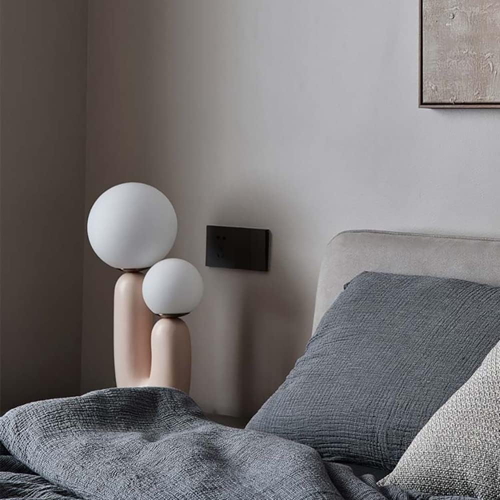 Meefad Modern Bedside Lamp, 2 Lights Table Lamp with Glass Shade, Globe Night Light for Bedroom Reading Nightstand, Beige