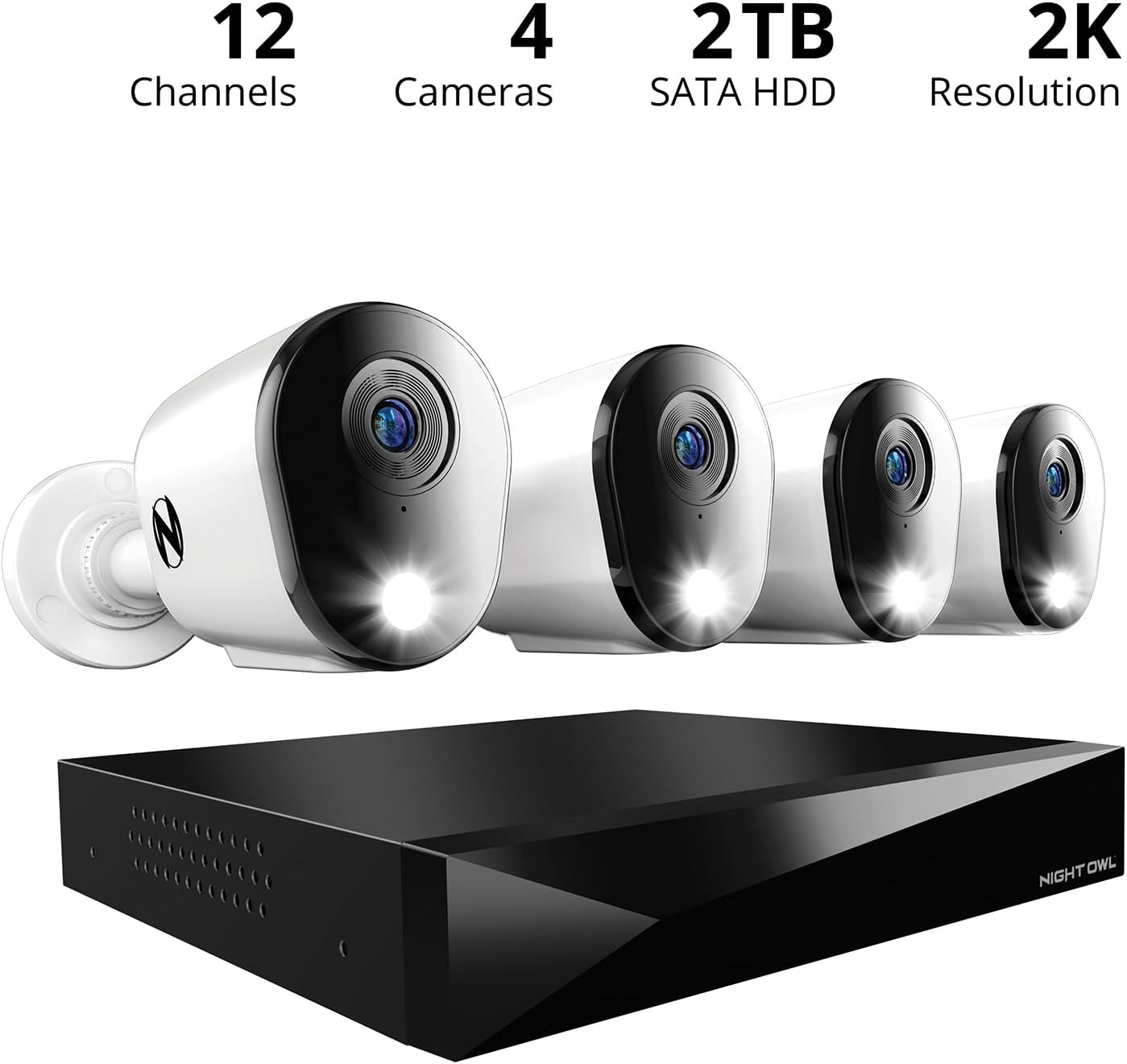 Night Owl 2-Way Audio 12 Channel DVR Video Home Security Camera System with (4) Wired 2K HD Indoor/Outdoor Deterrence Cameras and 1TB Hard Drive (Add up to 4 More Wired and 4 Wi-Fi Cameras)