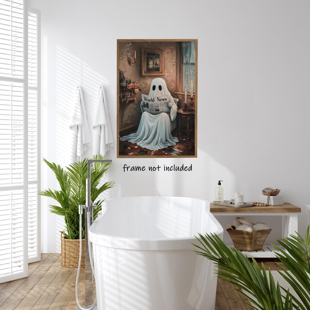 Dark Academia Halloween Ghost Canvas Wall Art Painting Vintage Spooky Ghost Reading Newspaper on Toilet Halloween Pictures Poster for Aesthetic Bathroom Room Wall Decor 08x10inch Unframed