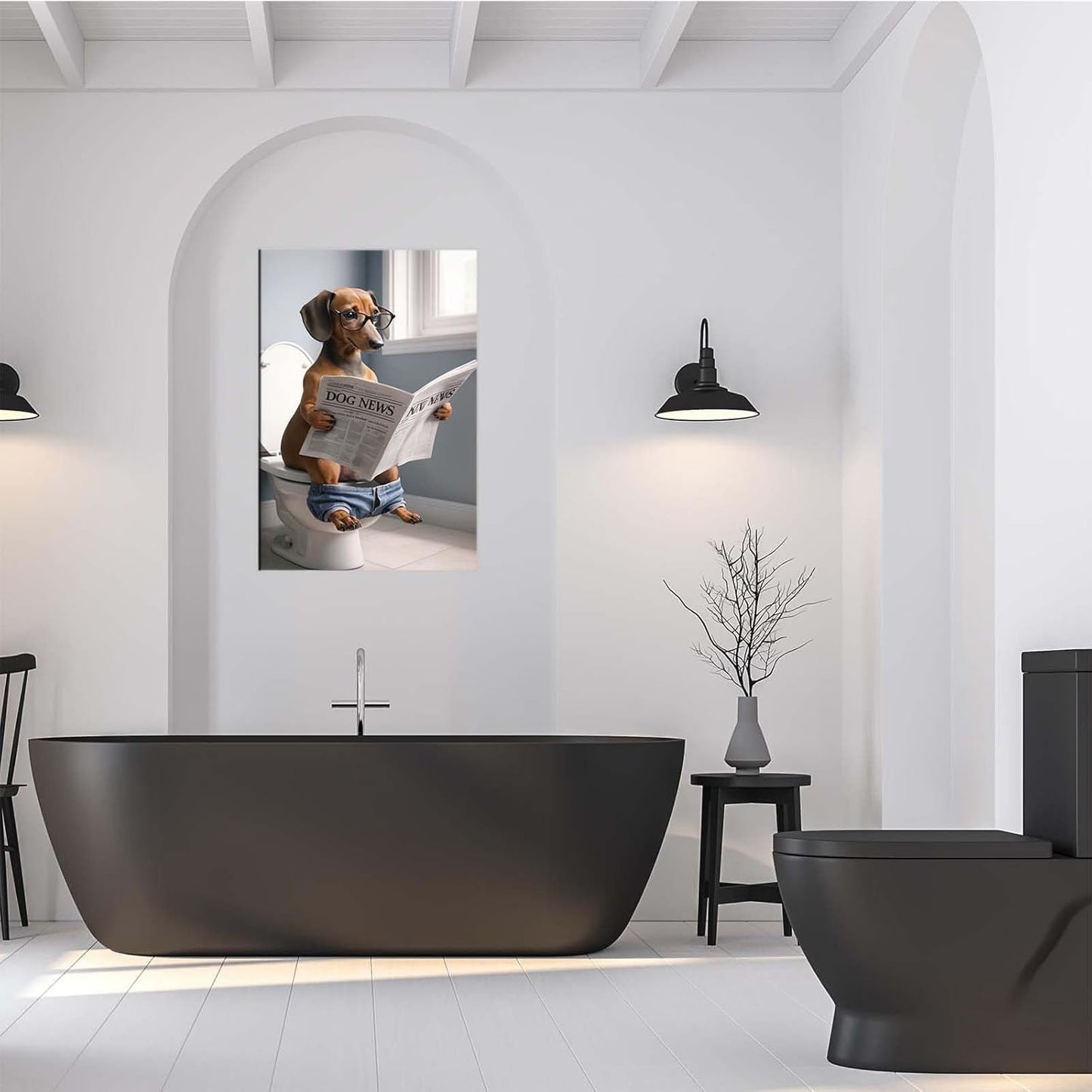 Funny dog in bathroom sitting on toilet reading newspaper funny bathroom wall decor animals in toilet dog gift ideas bathroom decor wall art prints bathroom posters canvas wall art for dog lovers