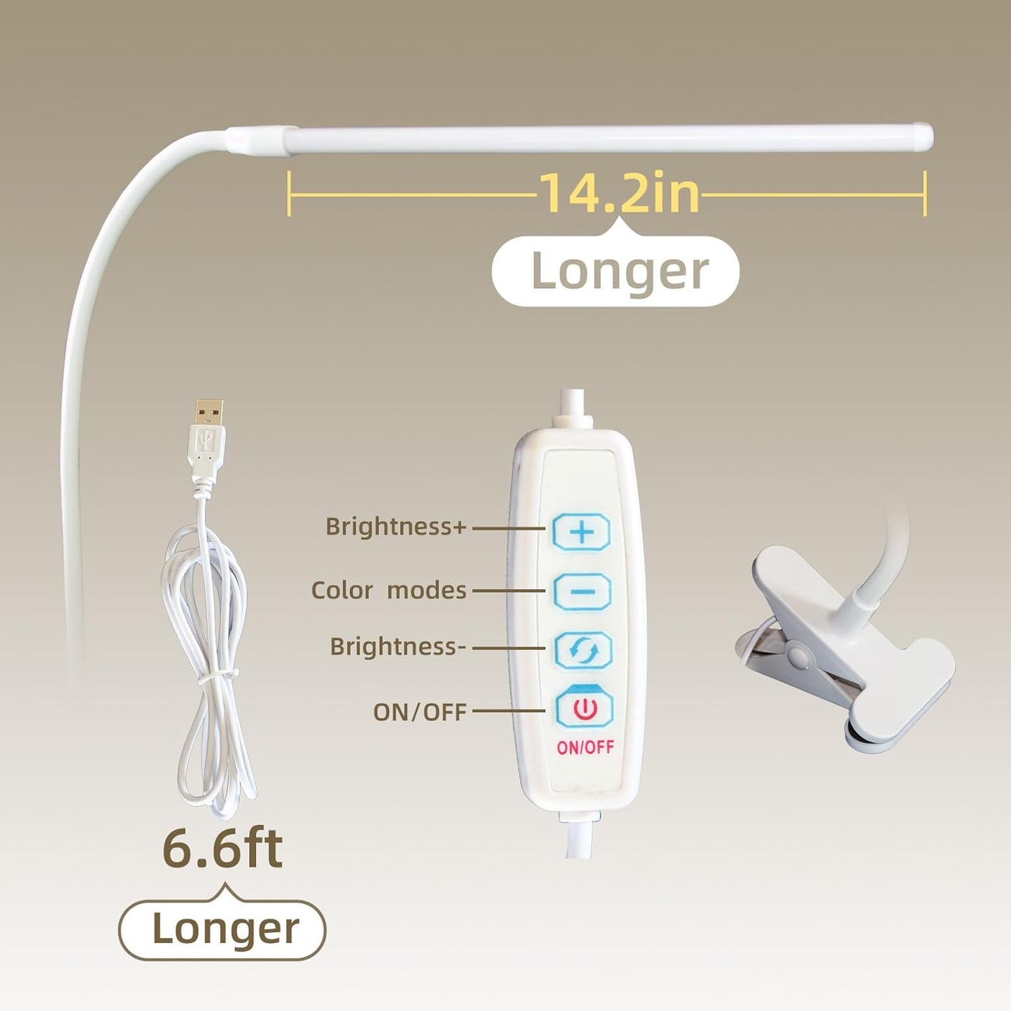 Desk Lamp with Clamp, Long Flexible Arm Clip on Lamp for Kids Reading in Bed, Easel, Make Up, Sewing Craft, Nail Tech Lamp, 3 Color Modes & 10 Brightness Levels