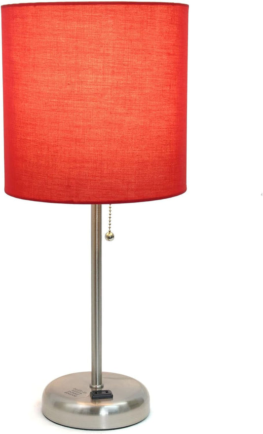 Oslo 19.5" Contemporary Bedside Power Outlet Base Standard Metal Table Desk Lamp in Brushed Steel with Red Drum Fabric Shade
