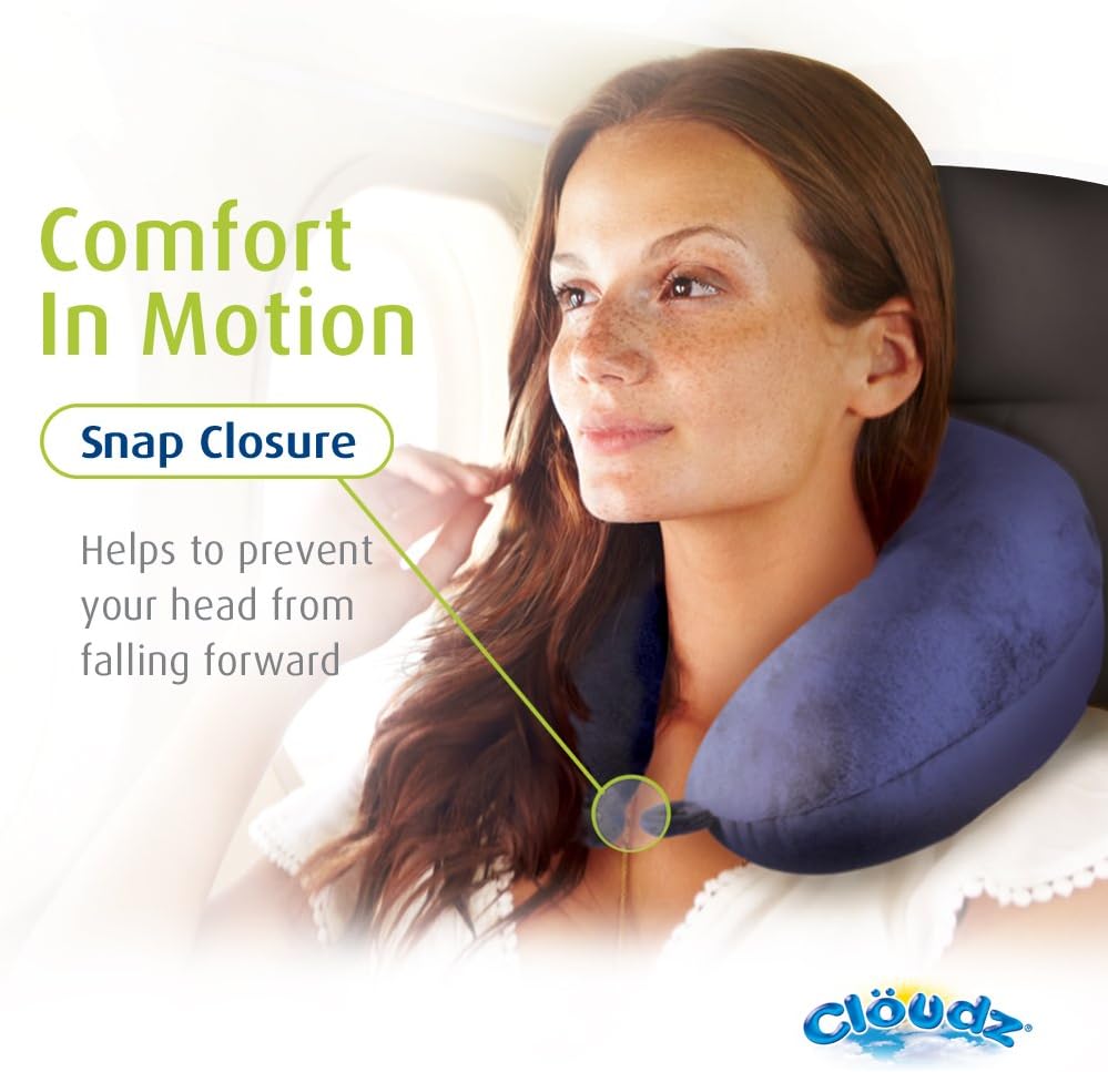 Cloudz Dual Comfort Microbead Airplane Travel Neck Pillow. Super Soft Cozy Plush Fabric on One Side, Cool Relaxing Spandex on The Other! Customize Your Comfort and Support at Home or On The Go!- Blue