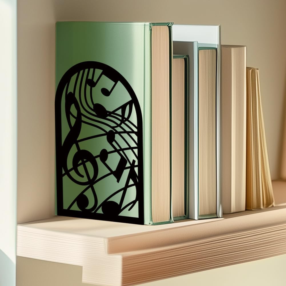 Musical Metal Book Ends Non-Skid Black Unique Bookend Decorative Heavy Book Ends for Shelves Heavy Duty Study Book Support Stoppers for Desk Musical Note 7x4.7x3.5 inch 1 Pairs/2 Pcs