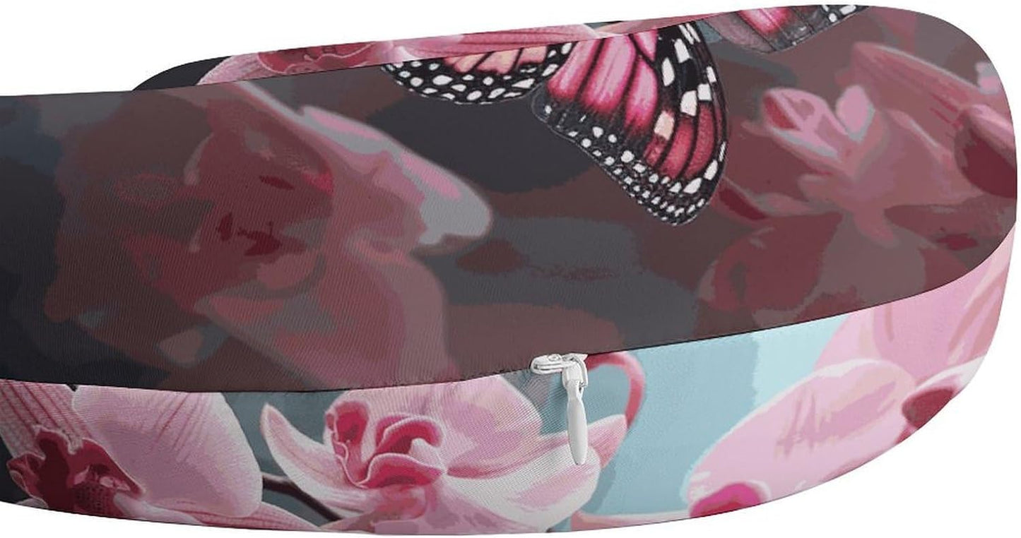 Orchid Flower Butterfly Soft Fresh Spring Neck Pillow Memory Foam U Shaped Pillows Portable Pillows for Shoulder Travel Head Support Pillow with Concealed Zipper for Airplane Car Home Office