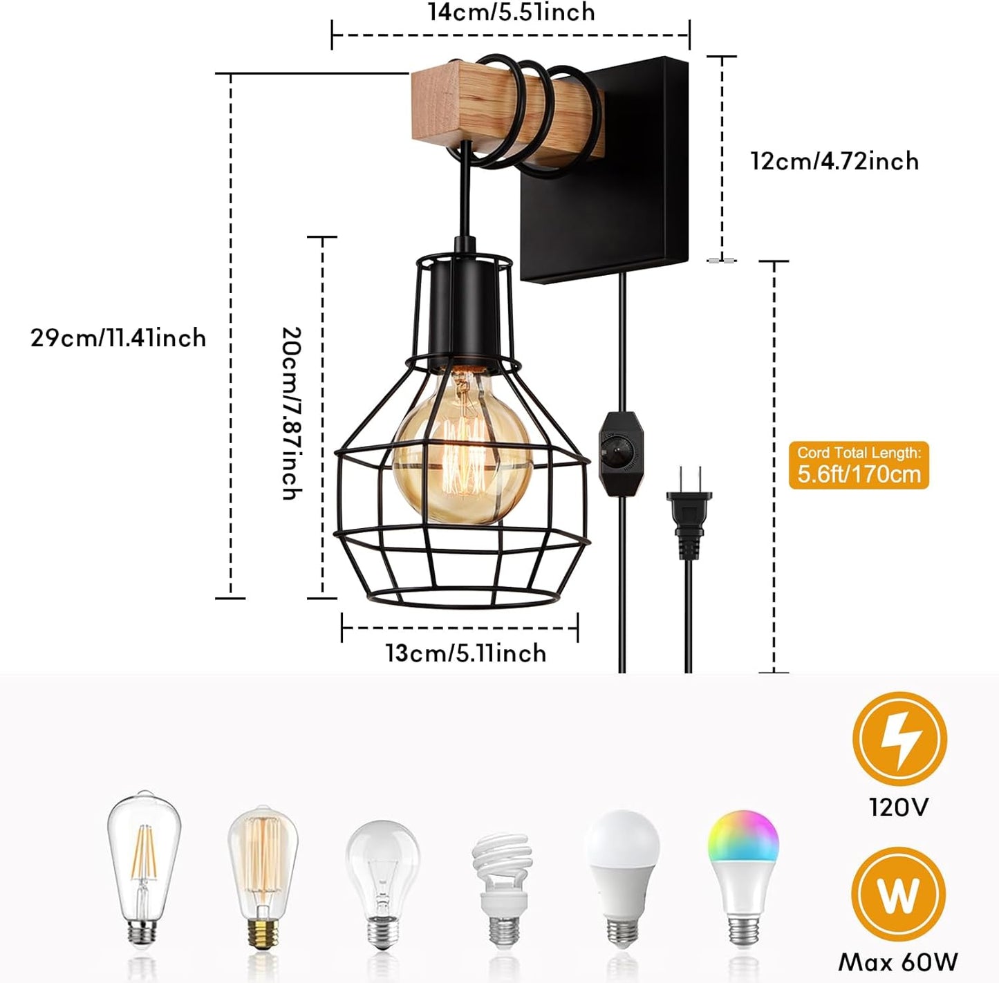 Lightess Plug in Wall Sconces Set of 2, Industrial Wall Mount Light Fixture with ON/Off Dimmable Switch Cord, Black Rustic Wall Lighting for Bedroom Living Room, Bulb Not Included