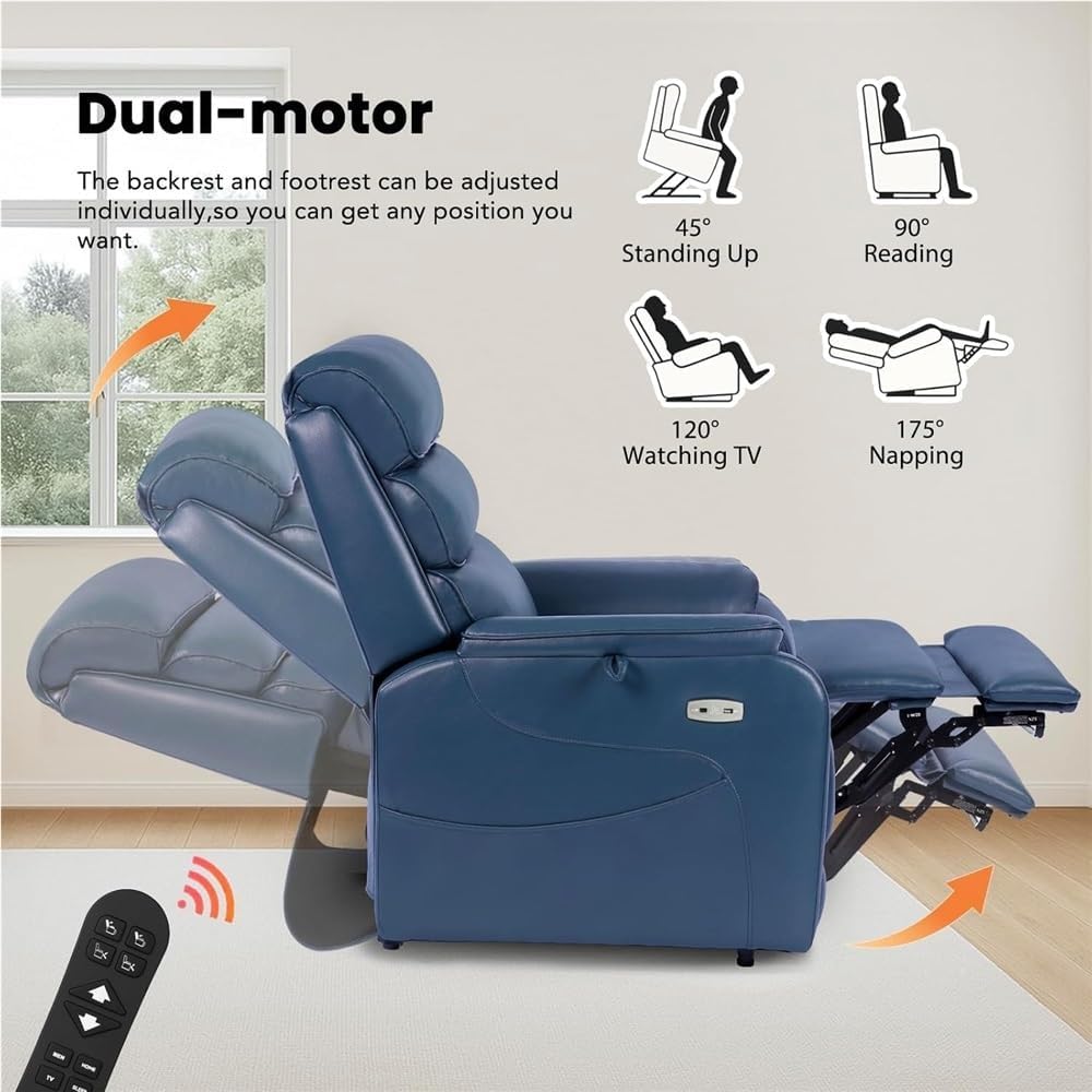 Heavy Duty Power Lift Recliner with Heat and Massage Blue Oversized Electric Reclining Chair for Adults Lay Flat Function Leather Living Room Sofa Furniture Charging Ports