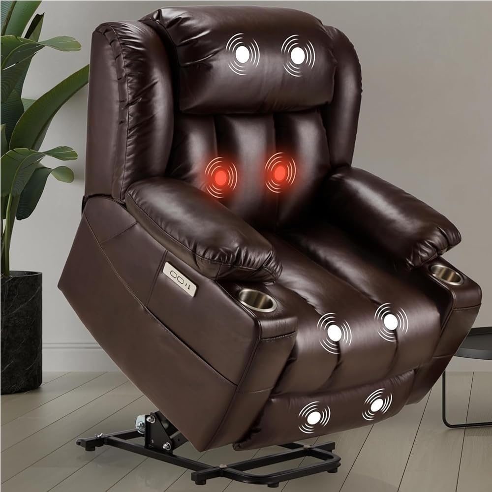 Genuine Leather Electric Lift Recliner Chairs Massage Overstuffed Armrests Thick Padded Backrest Adjustable Positions Power Sofa for Meeting Room Furniture