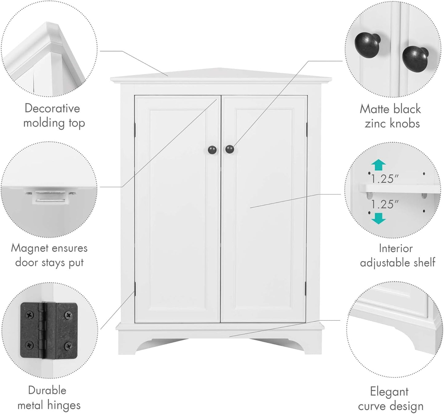 Spirich Floor Corner Cabinet with Doors and Shelves, Freestanding Bathroom Corner Storage Cabinet for Bathroom, Living Room, White