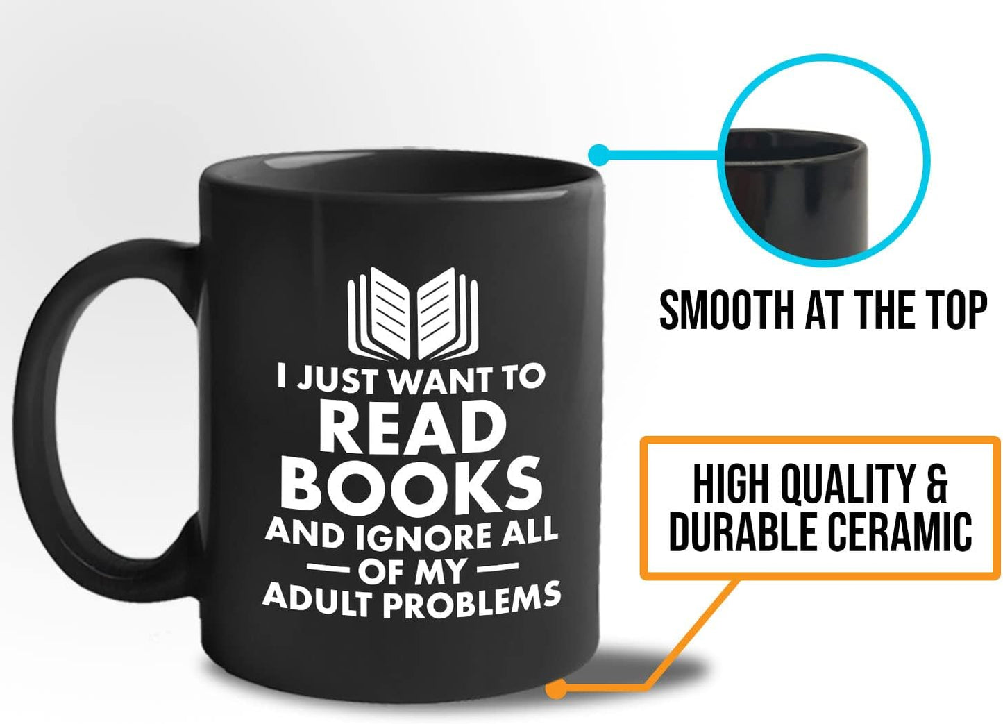 Book Lover Coffee Mug 11oz Black - I just want - Literary librarian Literature Bookworm Historian Public Library Curator Bibliophile Bibliolater