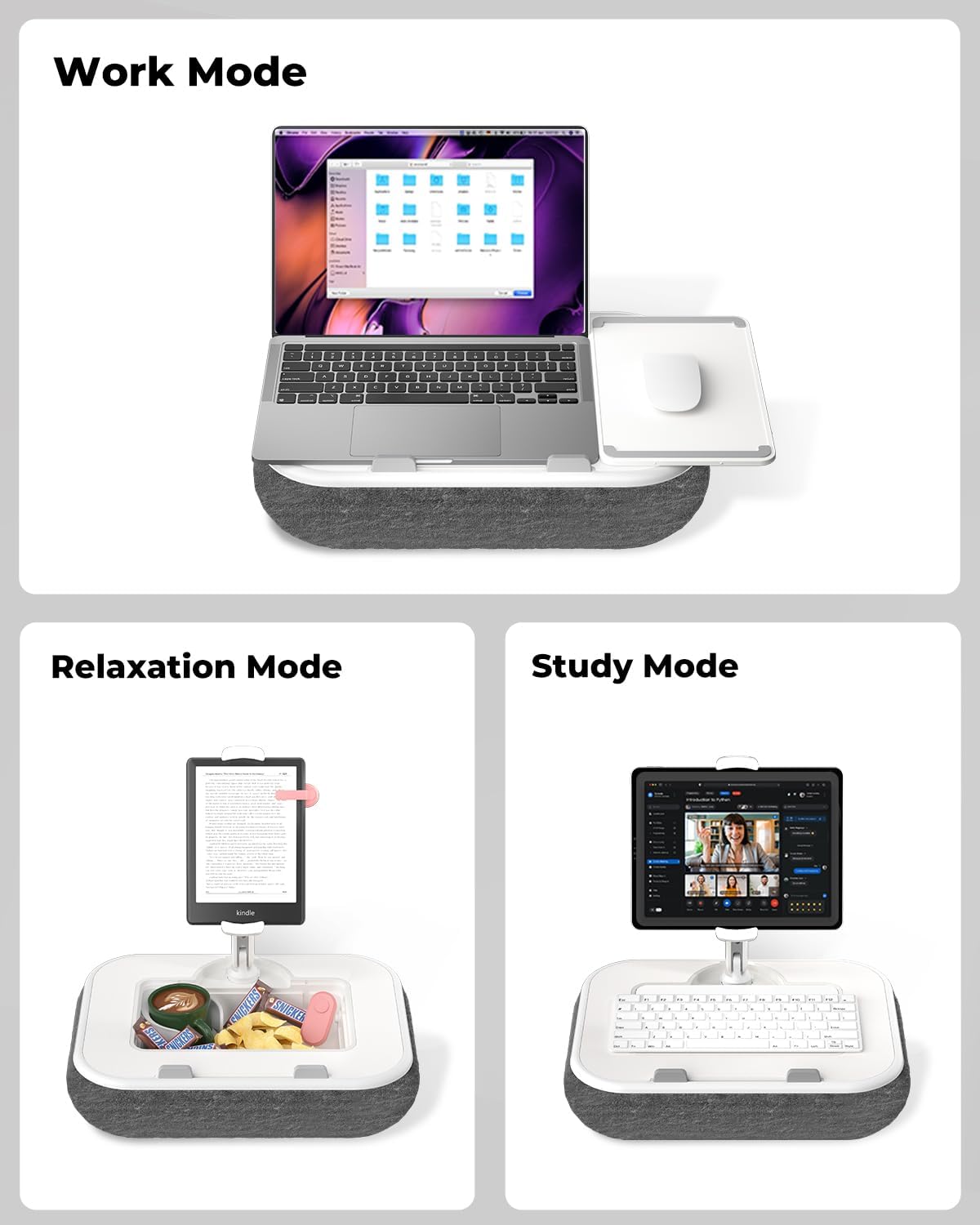Kindle Pillow Stand with Lap Desk, Adjustable iPad Holder for Bed, 360° Swivel Tablet Arm, Laptop Desk with Mouse Pad, Snack Bowl & Cup Holder, Fits 4.7–13” Tablets & 15” Laptop