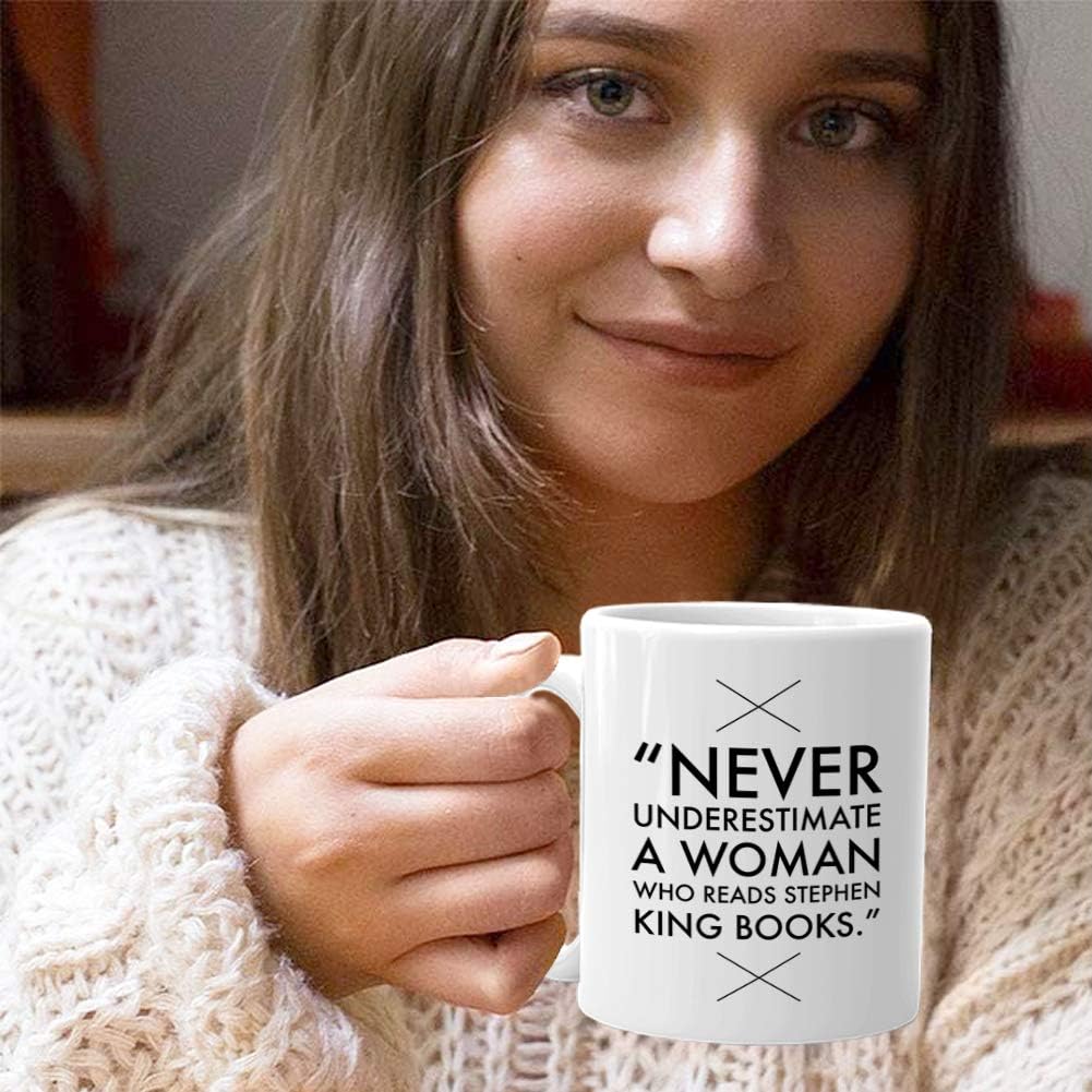 Readers Mug 11 oz White, Never Underestimate A Women Who Reads Stephen King Book Gift Idea for Horror Reader Book Lovers Bookworm
