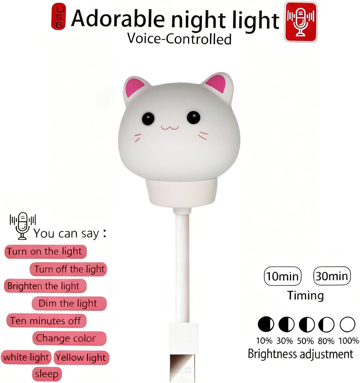 Smart Voice Activated Night Light - USB Plug-in, Dimmable Soft Lighting with Timer for Nursery, Baby Kids Bedroom & Breastfeeding,Portable Voice Control Lamp (Cat)