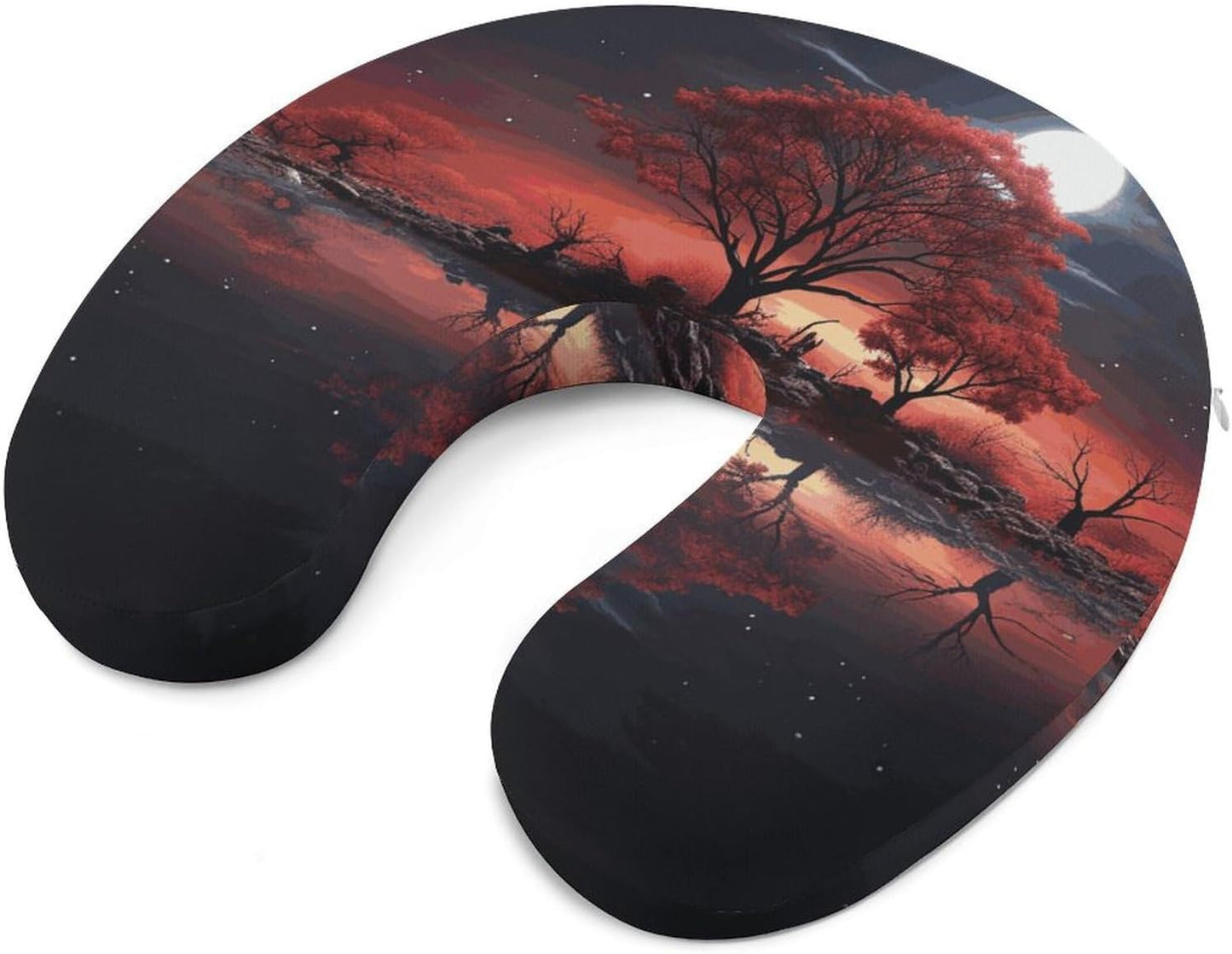Red Tree Lake Moon Neck Pillow Memory Foam U Shaped Pillows Portable Pillows for Shoulder Travel Head Support Pillow with Concealed Zipper for Airplane Car Home Office