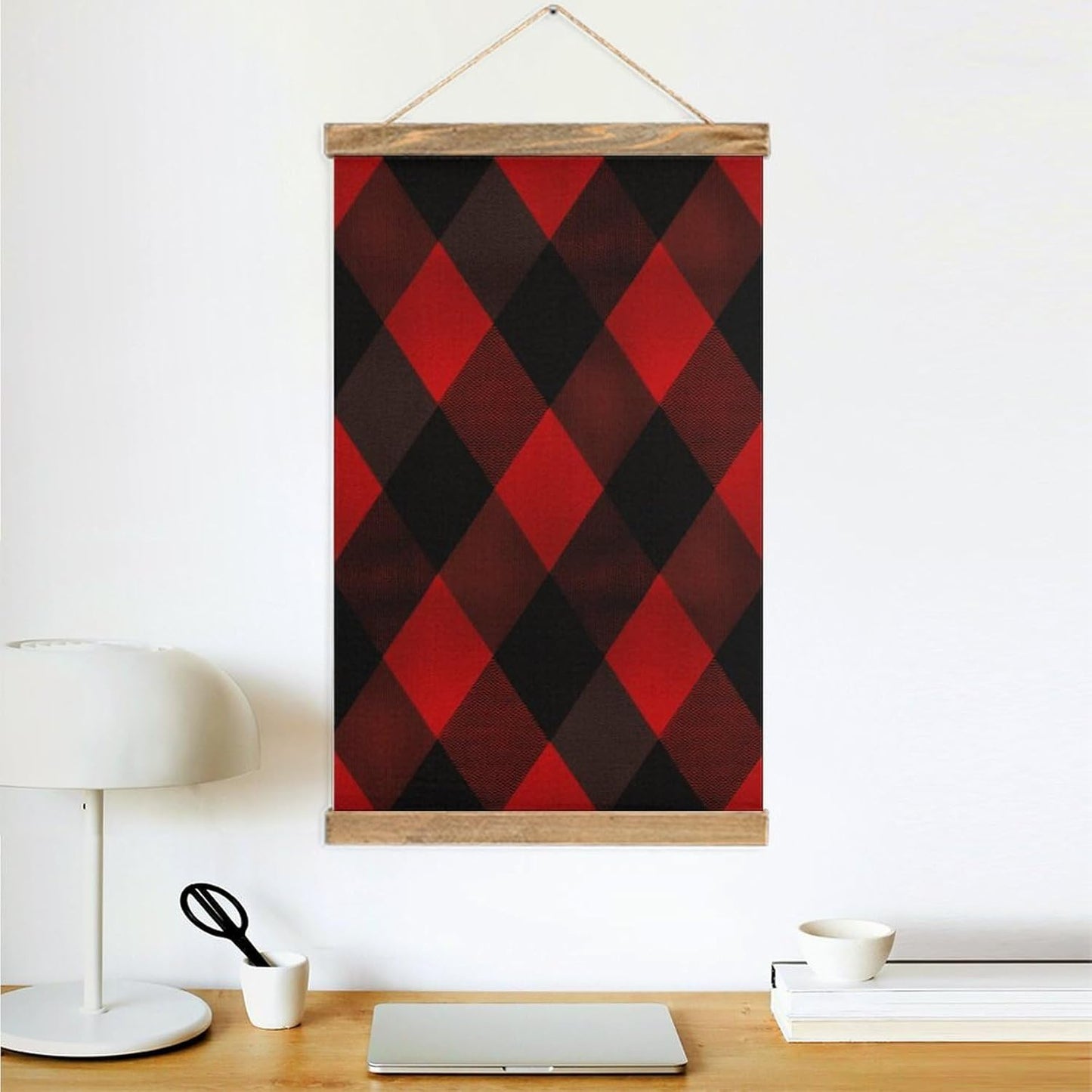 Vintage Plaid Red And Black Poster with Wooden Frame Personalized Linen Hanging Scroll Painting Rustic Wall Hanging Illustrative Modern Artwork Decor for Home Living Room Bedroom Office