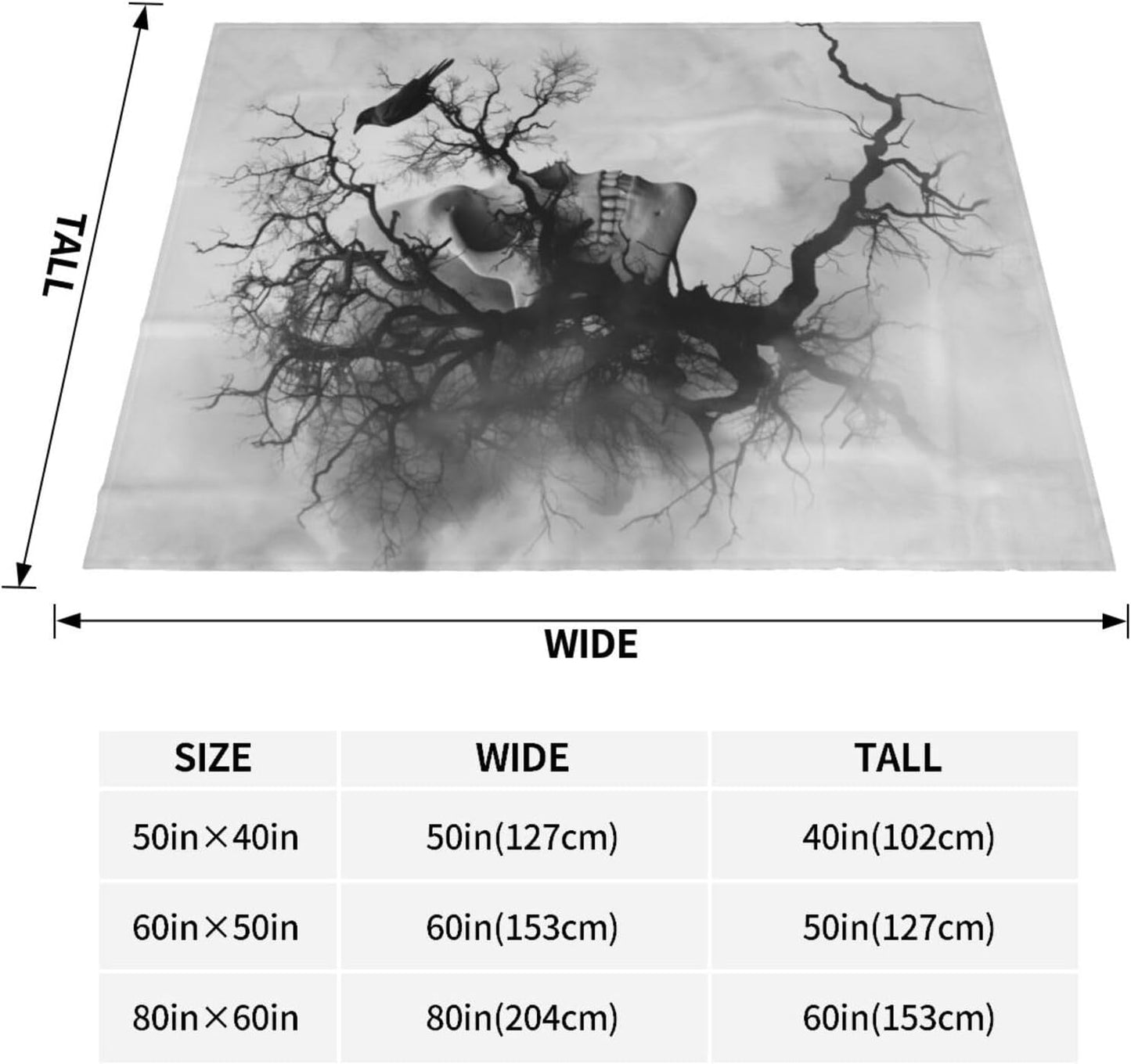 Skull Tree Blanket Gifts for Women Kids, Gothic Raven Fleece Blankets, Cozy Plush Flannel Throw for Couch, Bed, Living Room Decor 50"x60"