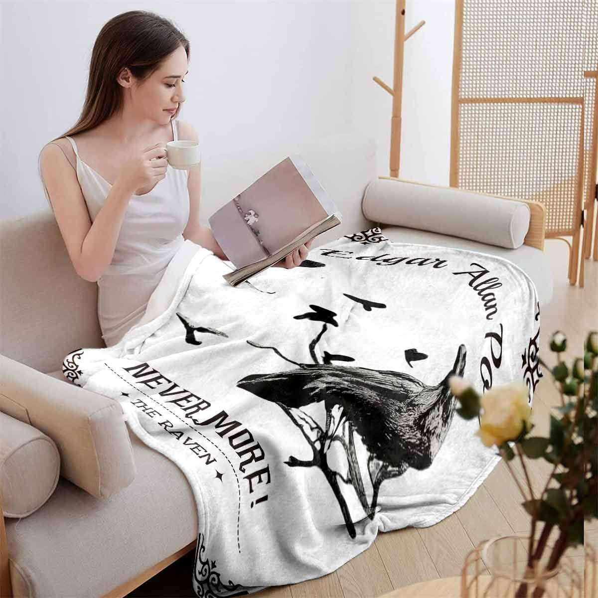 YWMAN Edgar Allan Poe & Raven Fleece Throw Blanket, Gothic Blankets Fuzzy Gifts for Sofa Couch Bedroom (50" x 60", The Raven)