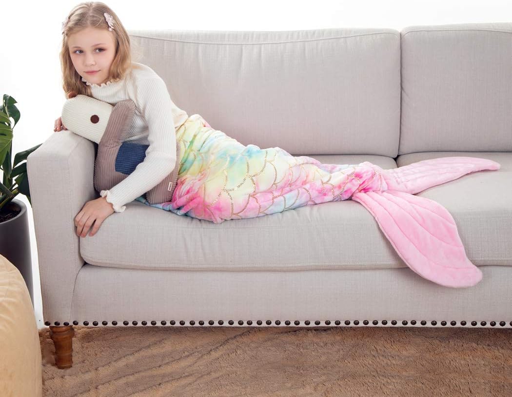 COSUSKET Mermaid Tail Blanket for Girls, All Seasons Soft Premium Colorful Fish Scale Design Snuggle