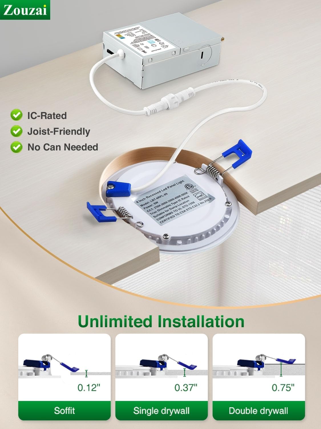 zouzai 12 Pack 4 Inch 5CCT Ultra-Thin LED Recessed Ceiling Light with Junction Box, 2700K/3000K/3500K/4000K/5000K Selectable, 9W Eqv 80W, Dimmable, led can Lights - ETL and Energy Star Certified