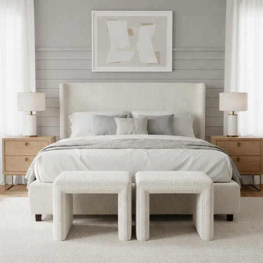 HomePop Modern Channel Tufted Ottoman|Homepop Home Décor|Ottoman for Living Room & Bedroom - Cream Boucle