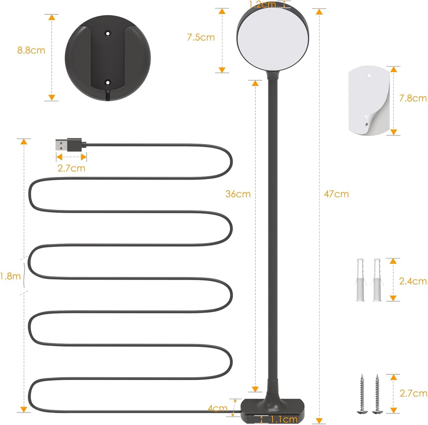 ENUOTEK LED Wall Mounted Reading Light with Gooseneck for Books in Bed, USB Operated Black LED Bedroom Wall Lamp, 100%-70%-35%-15% Dimmable and 5000K- 4000K- 3000K Adjustable Lighting Colors