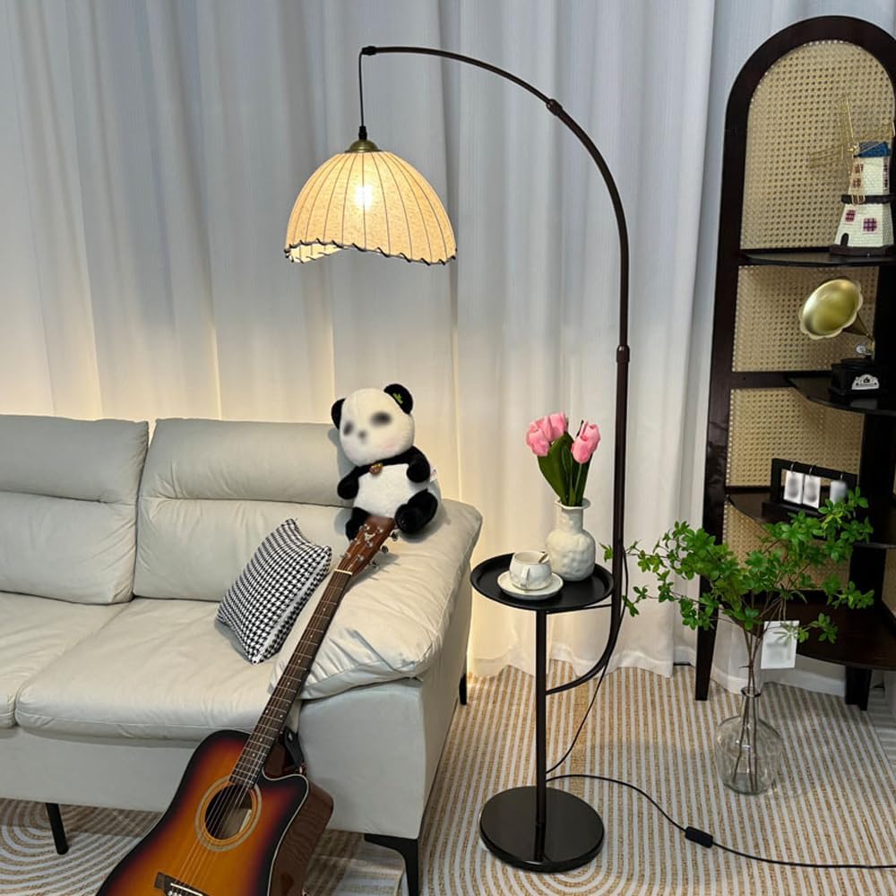 Modern Arc Floor Lamp Height Adjustable Floor Light Moon Linen Tall Lamp with Desktop Switch E27 3-Color Light Dimmer Fixture for Living Room Reading Room Office