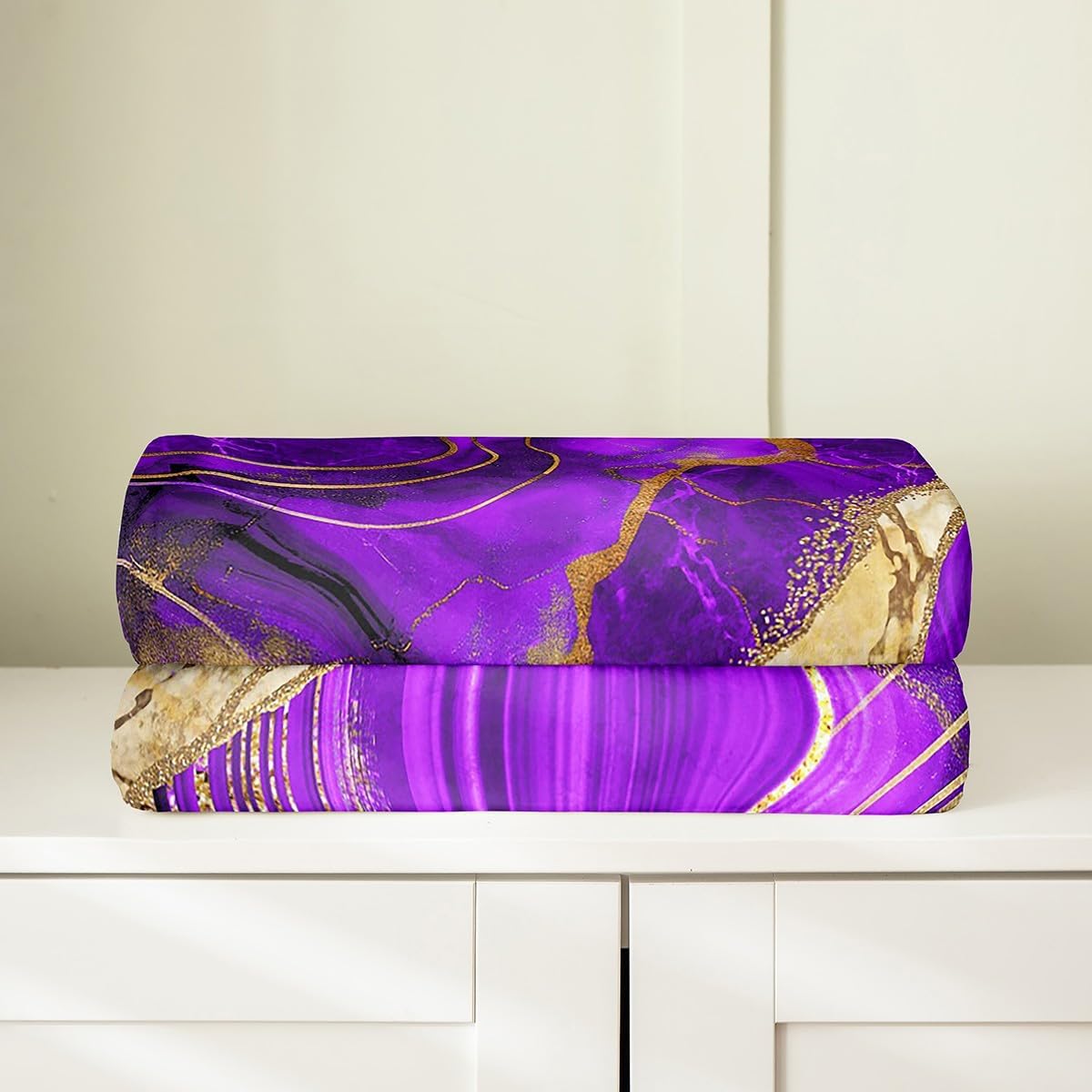 Erosebridal Purple Marble Blanket Twin 60x80 Inch, Gold Marbling Crack Throw Blanket, Dark Abstract Metallic Texture Living Room Decor Fleece Blanket, Geometric Boho Hippie Fluid Fuzzy Blanket
