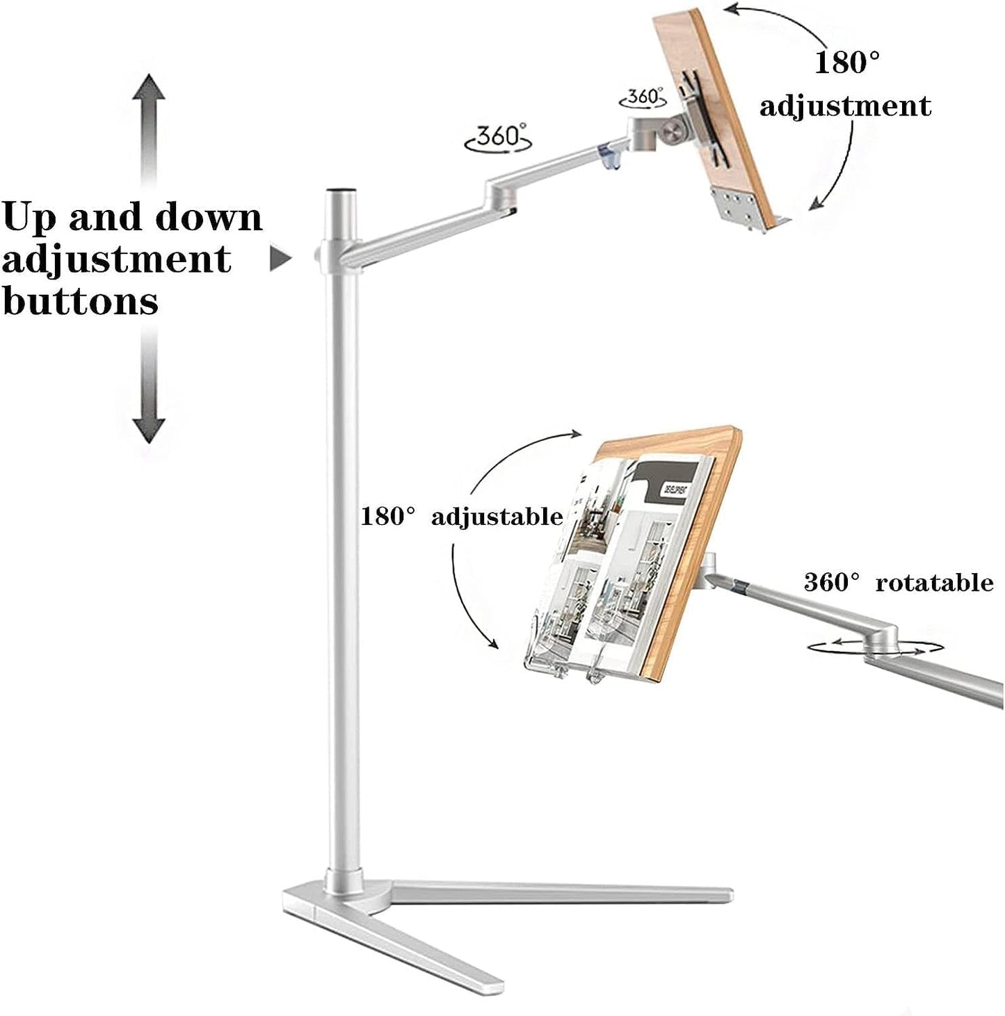 Book Holder for Reading in Bed, Height Adjustable Floor Stand with Page Clips, V-Shaped Book Holder Stand, Recipe Book Stand, for Magazine Books