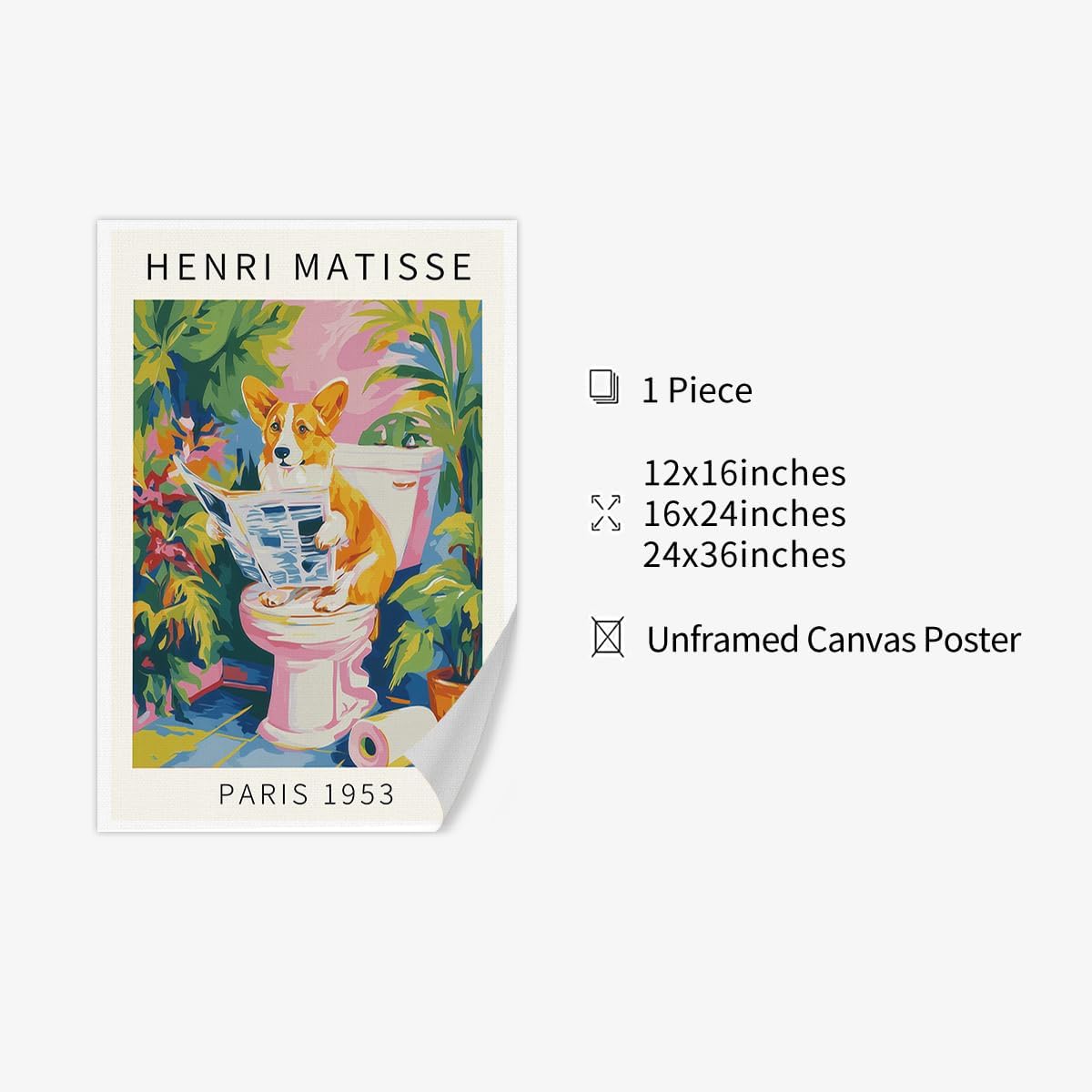 SKINGE Funny Bathroom Wall Art Henri Matisse Room Aesthetics Retro Pink Decor Corgi Reading Newspaper Canvas Painting Print Artworks Animal Bathroom Art Aesthetics Pictures 16x24 inch Unframed