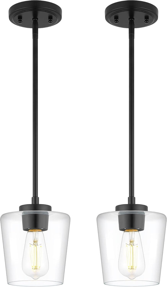 Pendant Lights Kitchen Island 2 Pack, 6" Matte Black Hanging Lights Fixtures with Clear Glass Shade, Modern Kitchen Pendant Lighting Over Island for Dining Room, AD-22004-1P2-BK-C