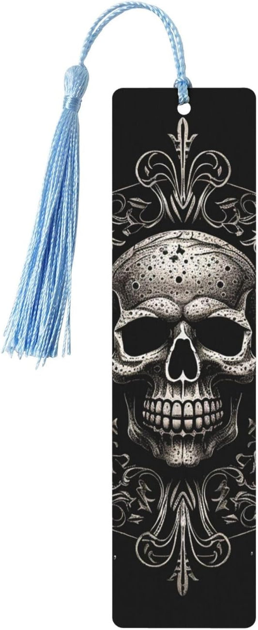 Patterned Skull Bookmarks Gifts for Women Men, Wooden Bookmarks for Book Lovers, Vintage Book Marks Ornaments with Tassel, Unique Personalized Reading Page Markers Sky Blue