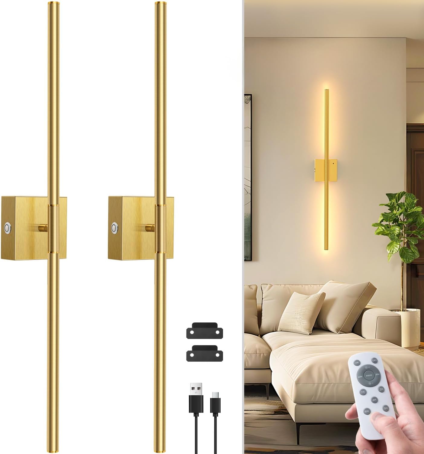 NIORSUN 28 Inch Battery Operated Wall Sconce Set of 2, 360° Rotation Gold Rechargeable Wall Lights with Detachable Tube and Remote, 3CCT Dimmable Wireless Wall Lamp for Living Room Bedroom Hallway