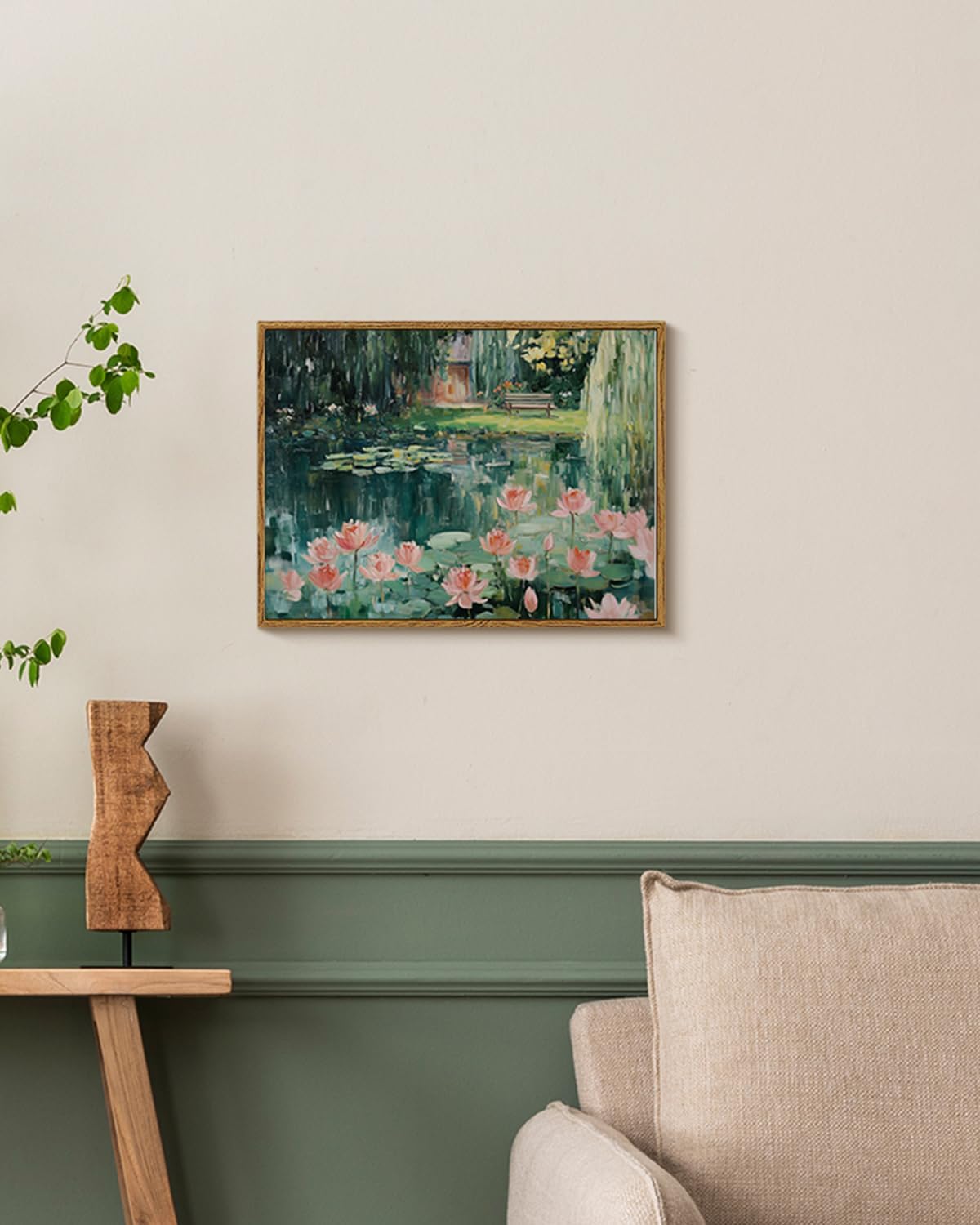 WHASAYART Vintage 12x16 Framed Lotus Pond Floral Wall Art, Monet-Inspired Water Lily Canvas Print, Impressionist Garden Bench Landscape Oil Painting for Living Room Bedroom Entryway Office Decor