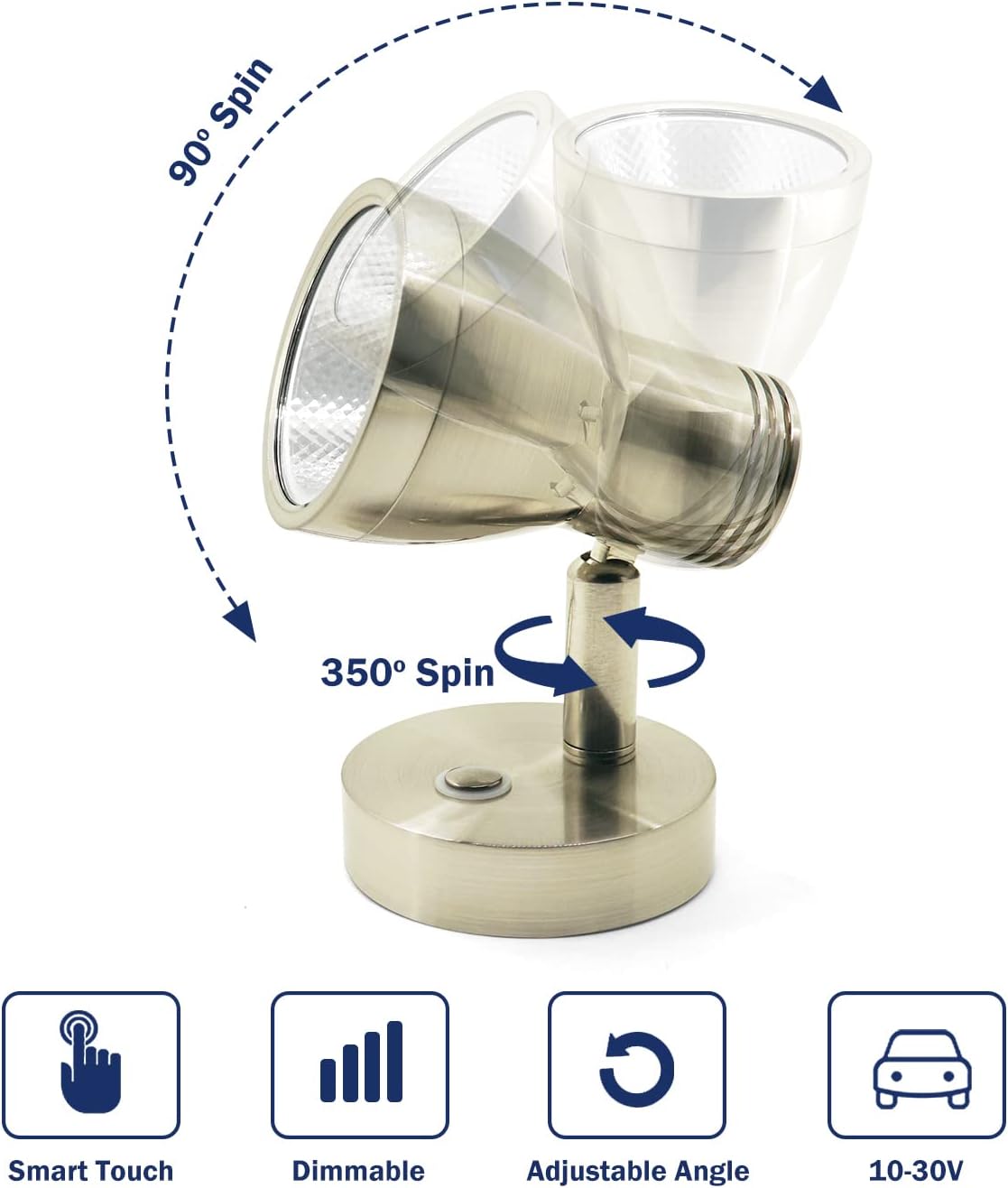 THALASSA RV Overhead Reading Light 12V LED Spotlight Camper Motorhome Interior Warm Light Brushed Nickel with Blue Small Reminder Light, Adjustable Touch Dimmer Switch 3W DC 10-30V